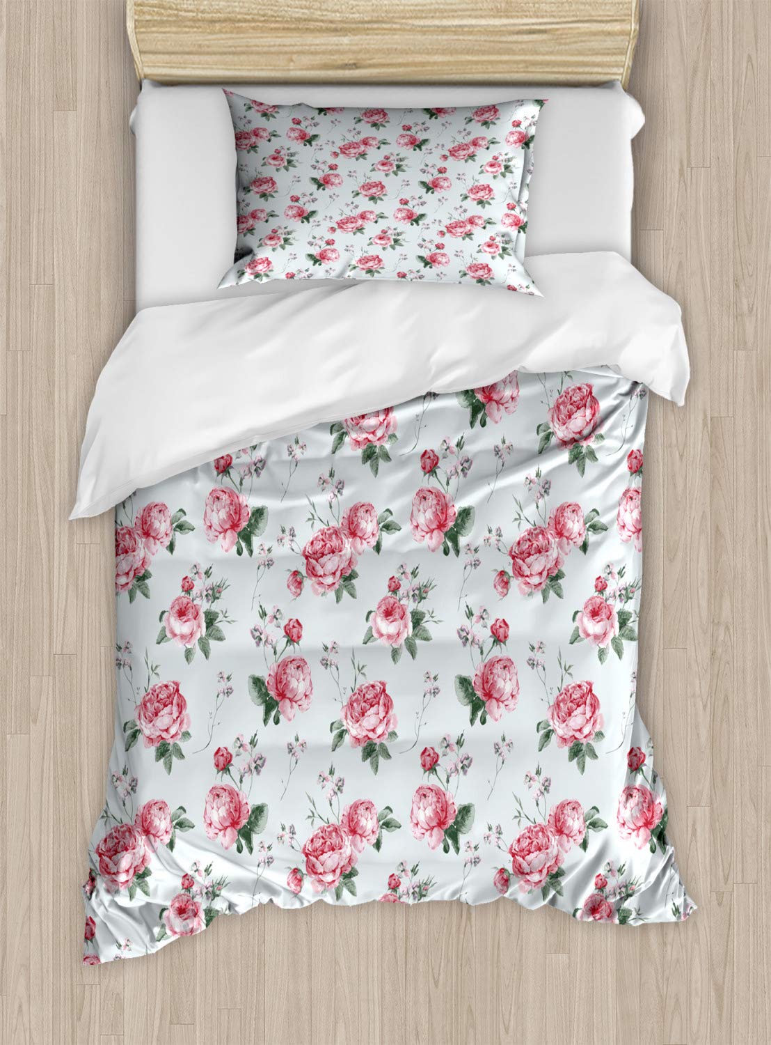 Ambesonne Shabby Floral Duvet Cover Set - Romantic Spring Summer Garden Roses with Leaves Design - 2 Pack Twin Size Bedding Set (2 Duvet Covers + 2 Pillowcases) in Almond Green & Pale Pink - Perfect for Guest Rooms, Dorm Decor & Boho Chic Bedroom Makeover