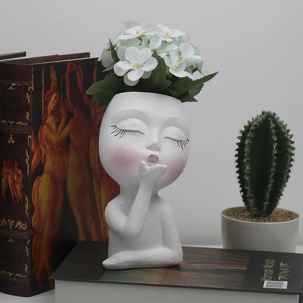 White Modern Face Planter Pot with Drainage Hole - 1x3x2 inches Succulent Planter for Indoor & Outdoor Plants - Unique Head-Shaped Vase Decor for Home, Garden, Office Desk or Gift Idea