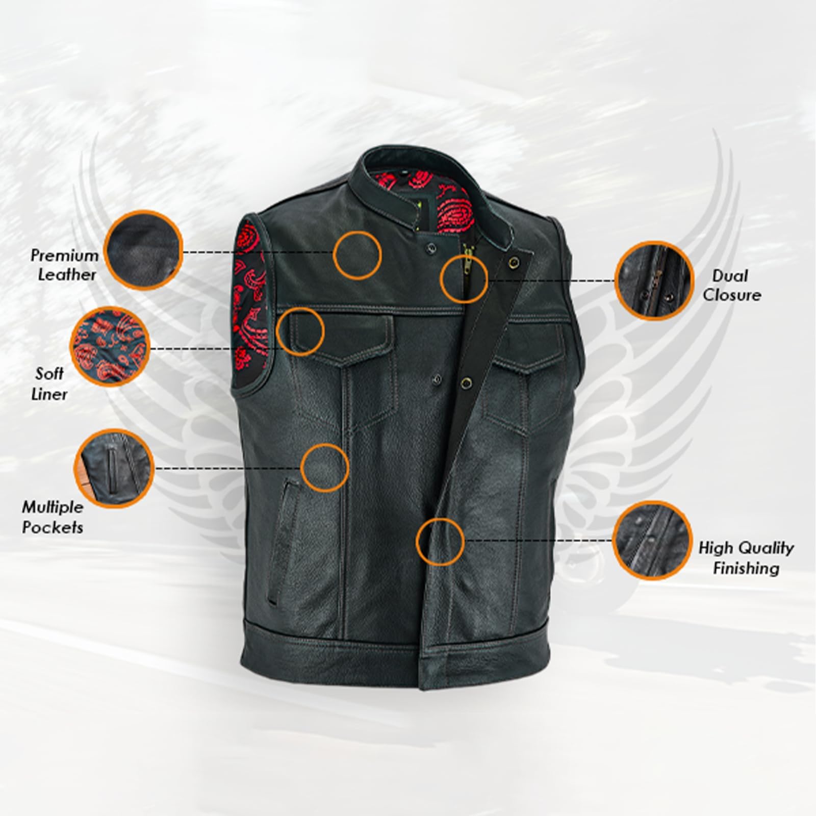 Leatherick Men's Black Motorcycle Vest - SOA Club & Traditional Paisley Satin Lined Leather Biker Jacket for Riding, Motorcycle Events & Casual Wear