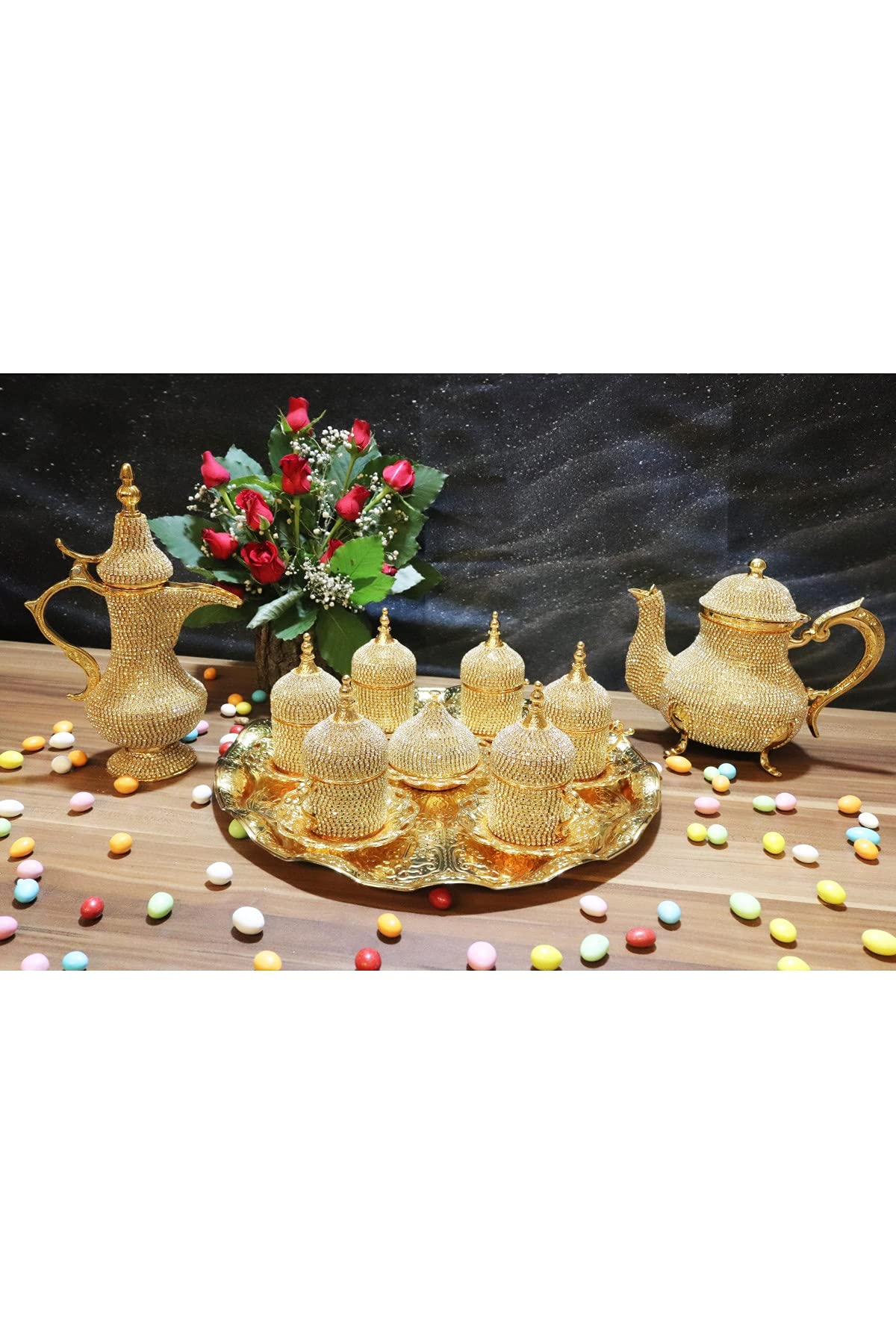 BADANG Turkish Espresso Coffee Cups Set of 6 - Crystal Gold Ottoman Style Arabic Greek Coffee Cups with Teapot & Ewer - Perfect for Traditional Coffee Ceremonies, Home Decor & Gift Giving