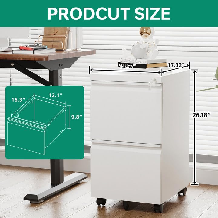 Letaya 2-Drawer Lockable Mobile File Cabinet - Under Desk Metal Storage Organizer for Home & Office - Holds Letter, Legal & A4 Files (White, Assembly Required) - Perfect for Small Spaces & Clutter-Free Workspaces