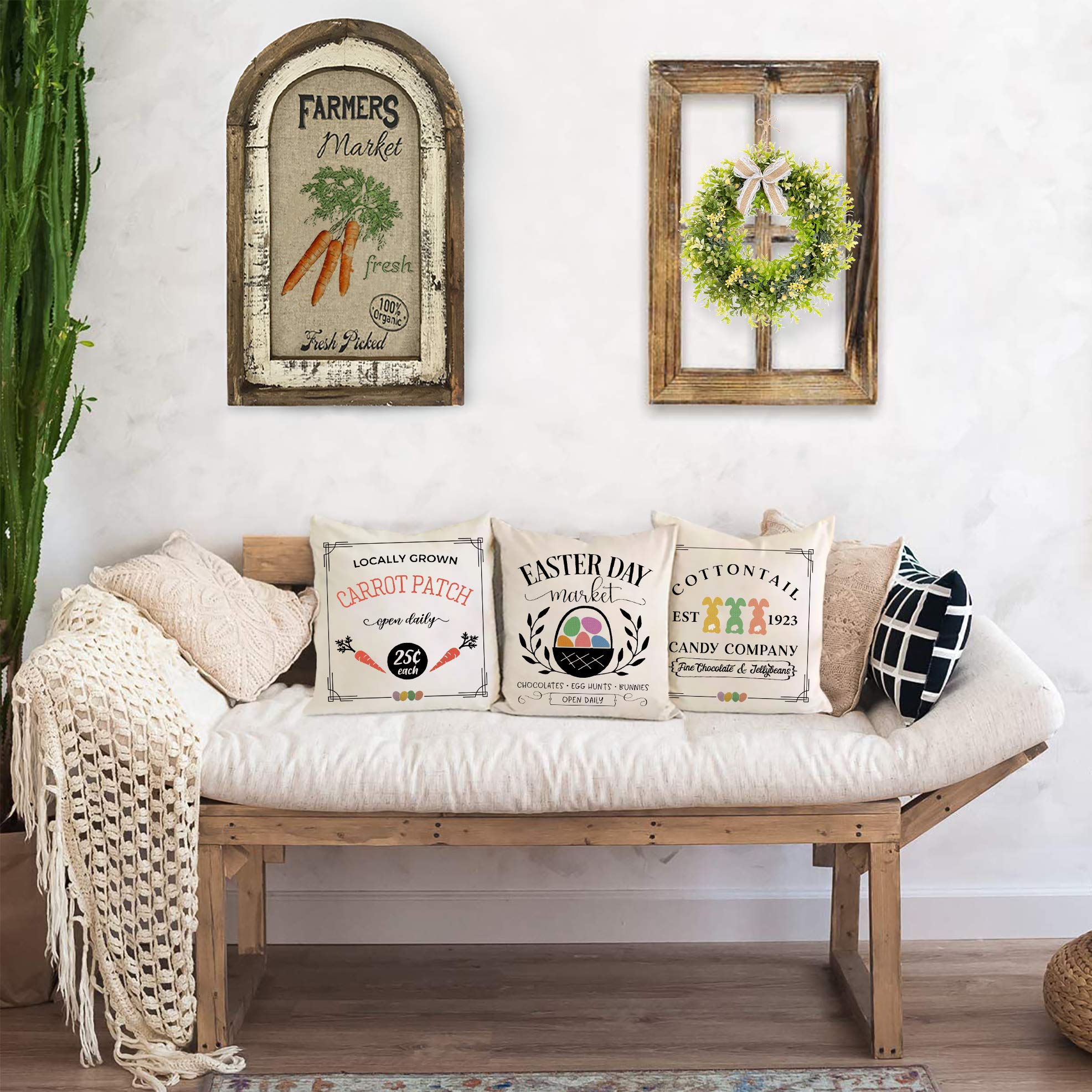 Happy Easter Pillow Covers Set of 4 - 18x18 Inch Farmhouse Spring Decor with Rabbit, Egg & Carrot Designs - Cotton Linen Cushion Covers for Sofa, Couch - Perfect for Easter Home Decor, Living Room, Bedroom & Seasonal Farmhouse Styling