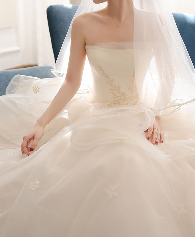 Elegant Light Champagne Tulle Long Wedding Dress - A-Line Bridal Gown for Romantic Ceremonies & Beach Weddings