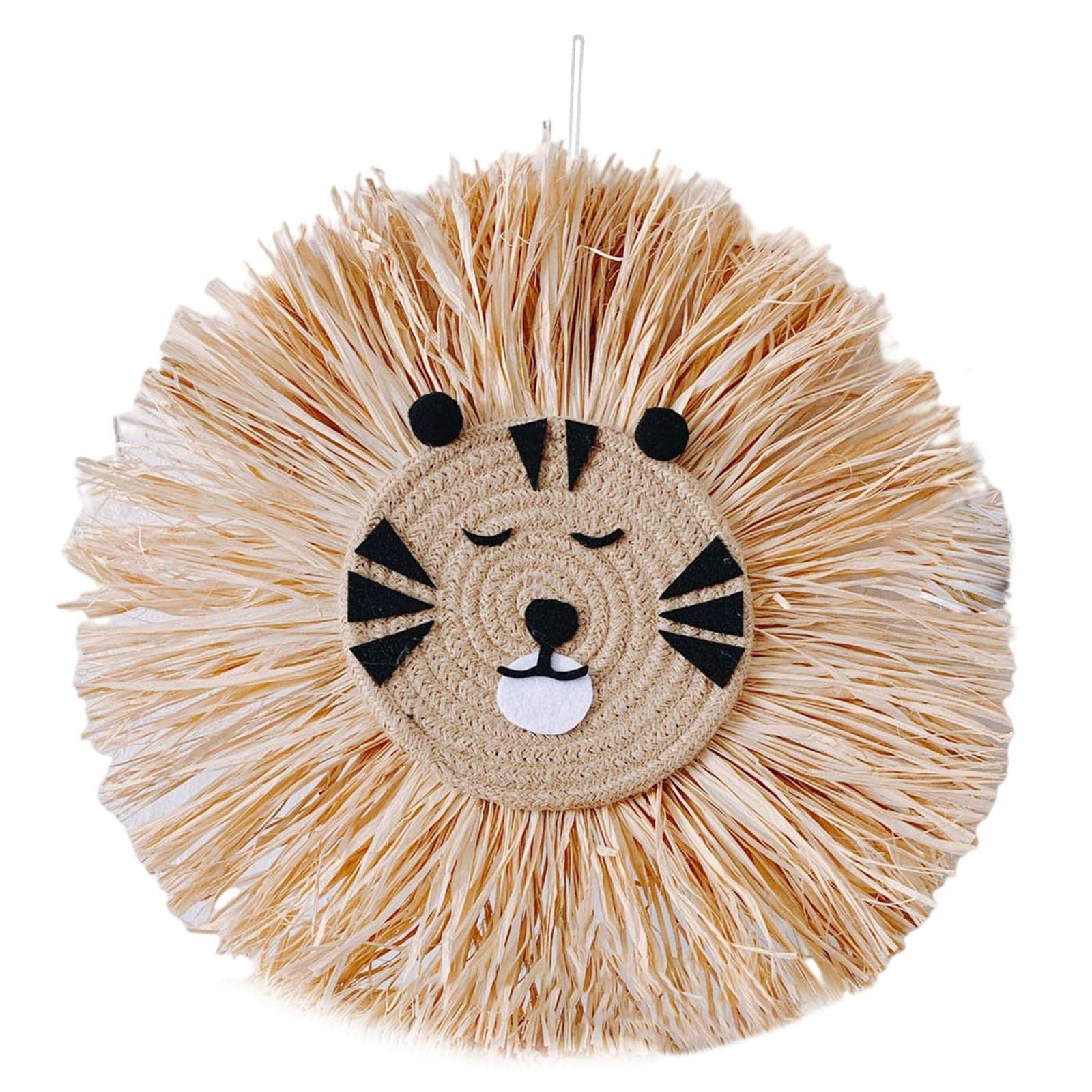 Round Straw Wall Hanging Decor - Lion Animal Head Pendant Cotton Thread Tapestry for Bedroom, Nursery, Kids Room - Boho Home Decor & Christmas Ornament - Perfect for Nursery Wall Art, Bohemian Room Decor and Holiday Home Decoration
