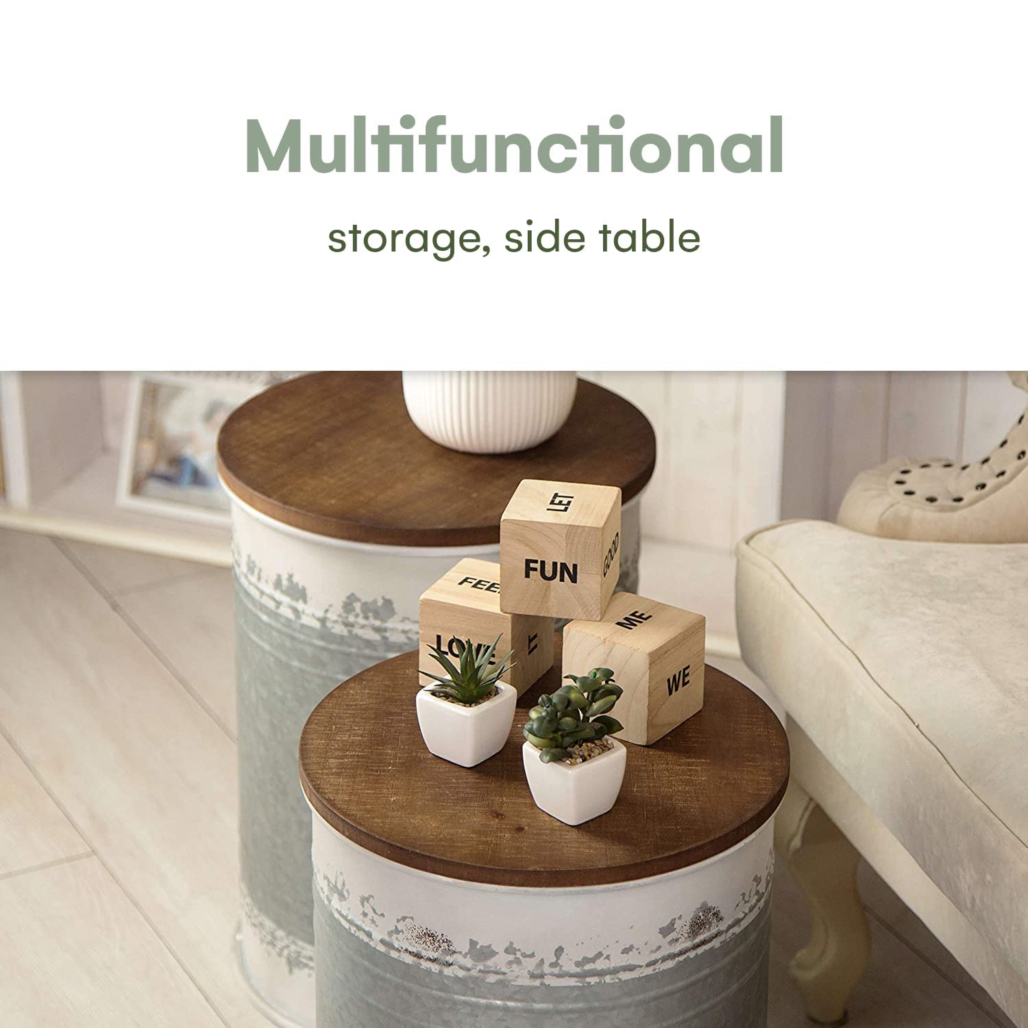 Hallops Farmhouse Accent Side Table - Rustic Metal Coffee Table with Wooden Top | Storage Ottoman Bench for Living Room, Bedroom & Porch | Set of 2 Distressed White Farmhouse Decor Furniture