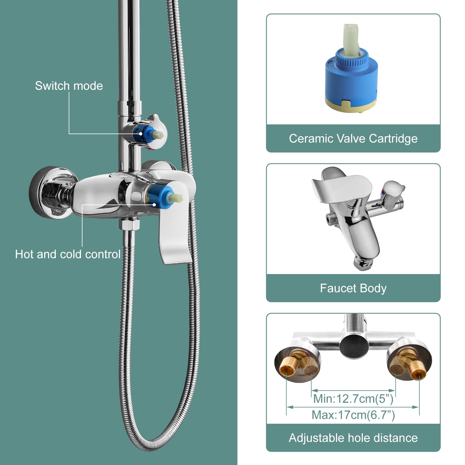 Premium Polish Chrome Exposed Shower System - 2 Function Bathroom Shower Set with 8 Inch Square Rainfall Shower Head & Hand Sprayer - Wall Mounted for Luxurious Spa Experience at Home