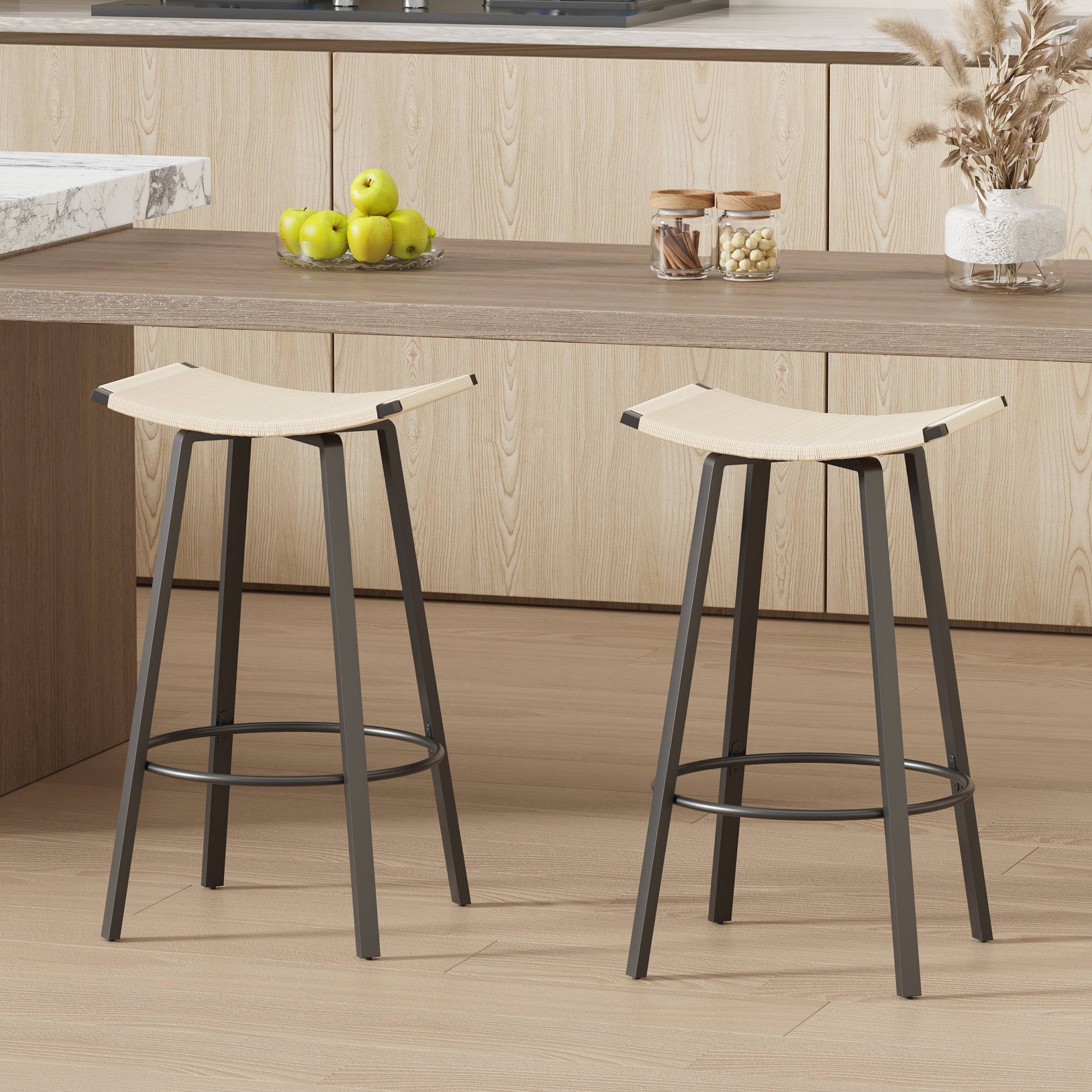 Handwoven PVC Counter Height Bar Stools Set of 2 - Backless Kitchen & Dining Chairs with Round Footrest - Indoor & Outdoor Pub Stools in Black & Creamy White - Perfect for Kitchen Islands, Breakfast Bars, and Outdoor Patios