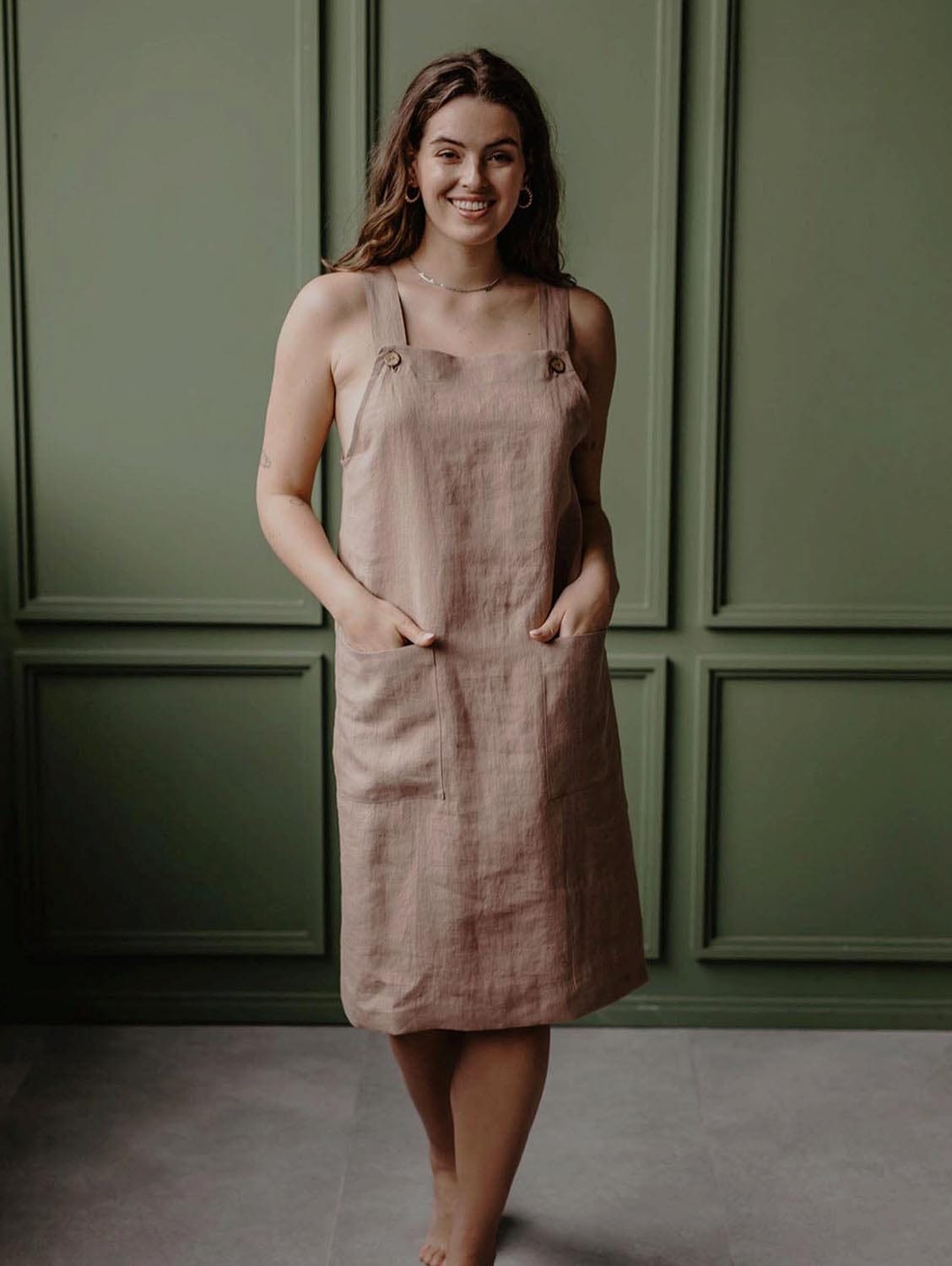 Elegant Jade Women's Linen Apron Dress - Breathable & Stylish in Multiple Colors | Perfect for Cooking, Gardening, and Casual Summer Wear