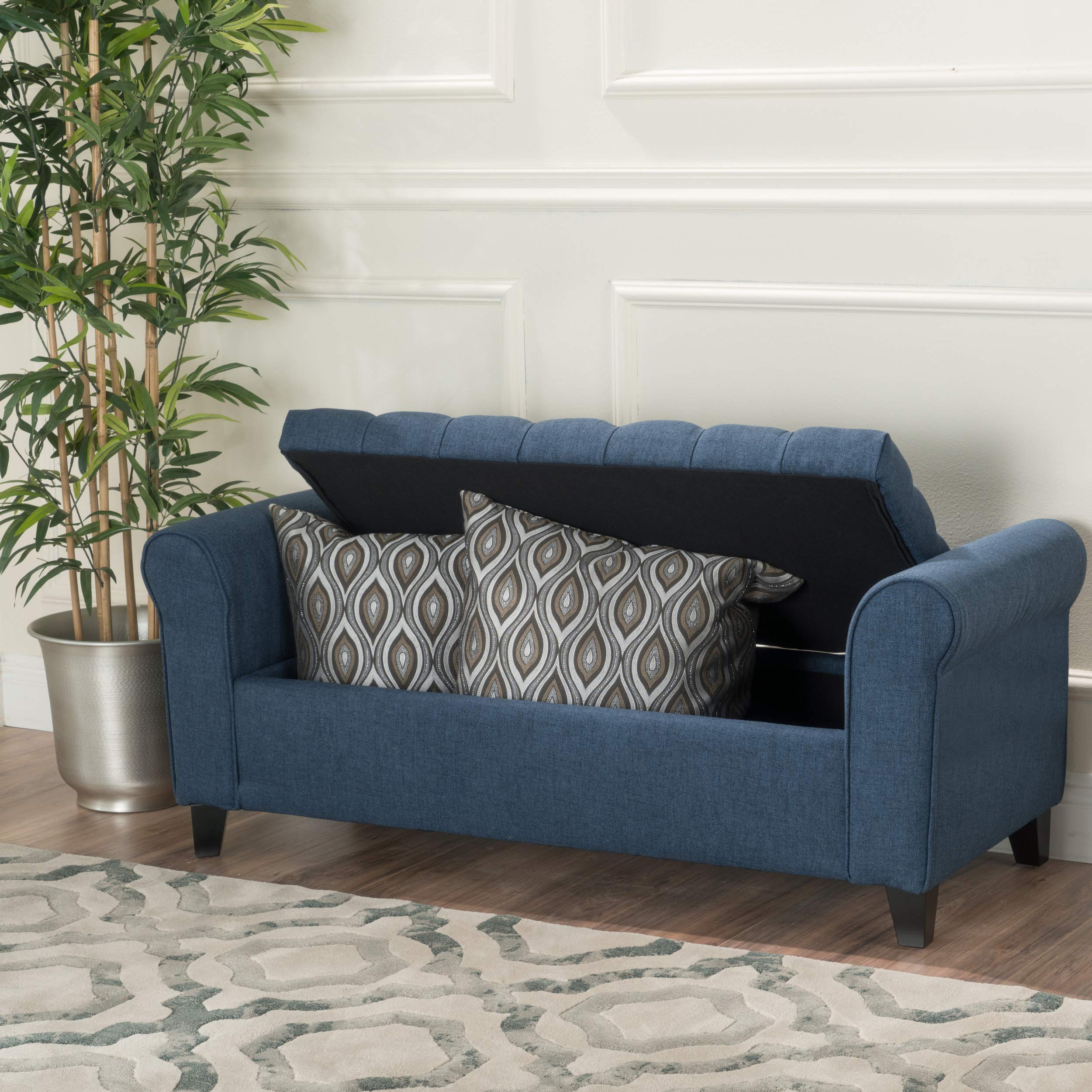 Christopher Knight Home Keiko Fabric Storage Bench with Arms - Dark Blue Upholstered Entryway Bench (19.75