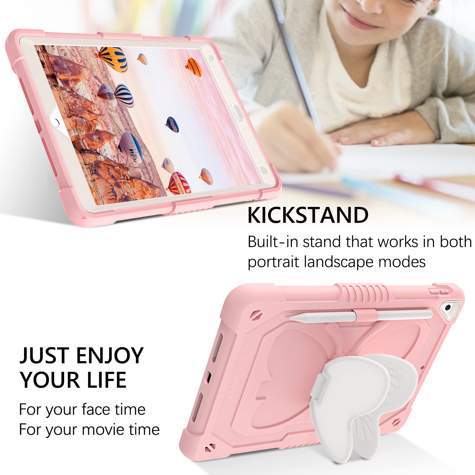 GUAGUA 2 in 1 Shockproof iPad Case with Kickstand - Rugged Protective Cover with Pen Holder for iPad 6/5/Air 2/9.7/Pro 9.7 - Anti-Scratch, Durable Design in Pink/Beige - Perfect for Travel, Work & School Use