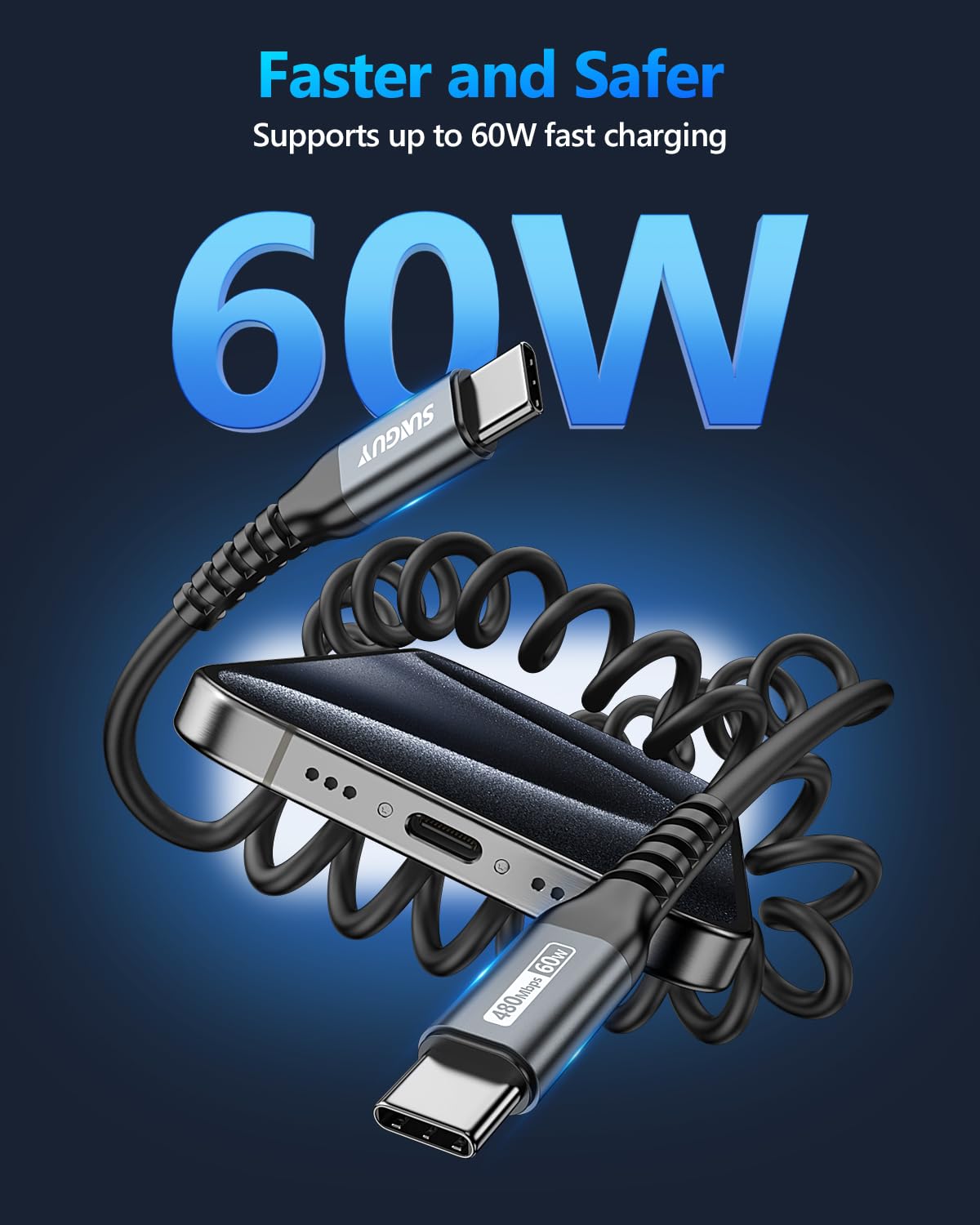 SUNGUY Coiled USB C to USB C Cable 3FT (2-Pack) - Fast Charging USB-C Cable for Android Auto & CarPlay - Compatible with iPhone 16/15 Pro/Pro Max/Plus, Galaxy S24/S23/S22 - Perfect for Car, Home & Office Charging (Grey)