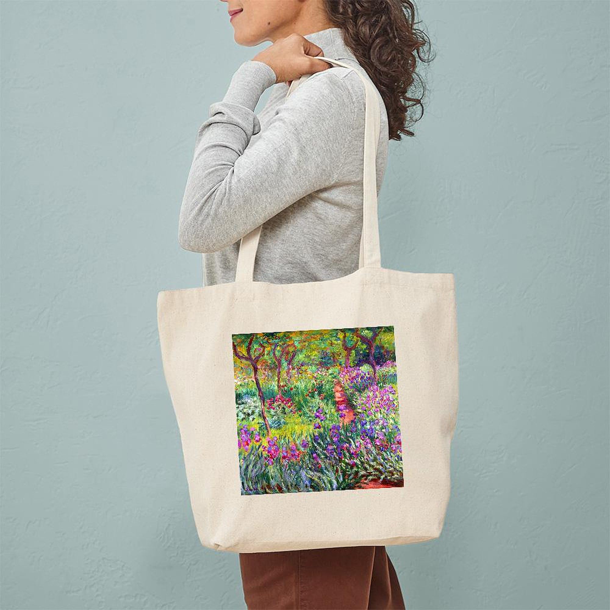 Claude Monet Iris Garden Tote Bag - Natural Canvas Reusable Shopping Bag for Women, Eco-Friendly Grocery Tote for Farmers Market, Beach & Daily Use