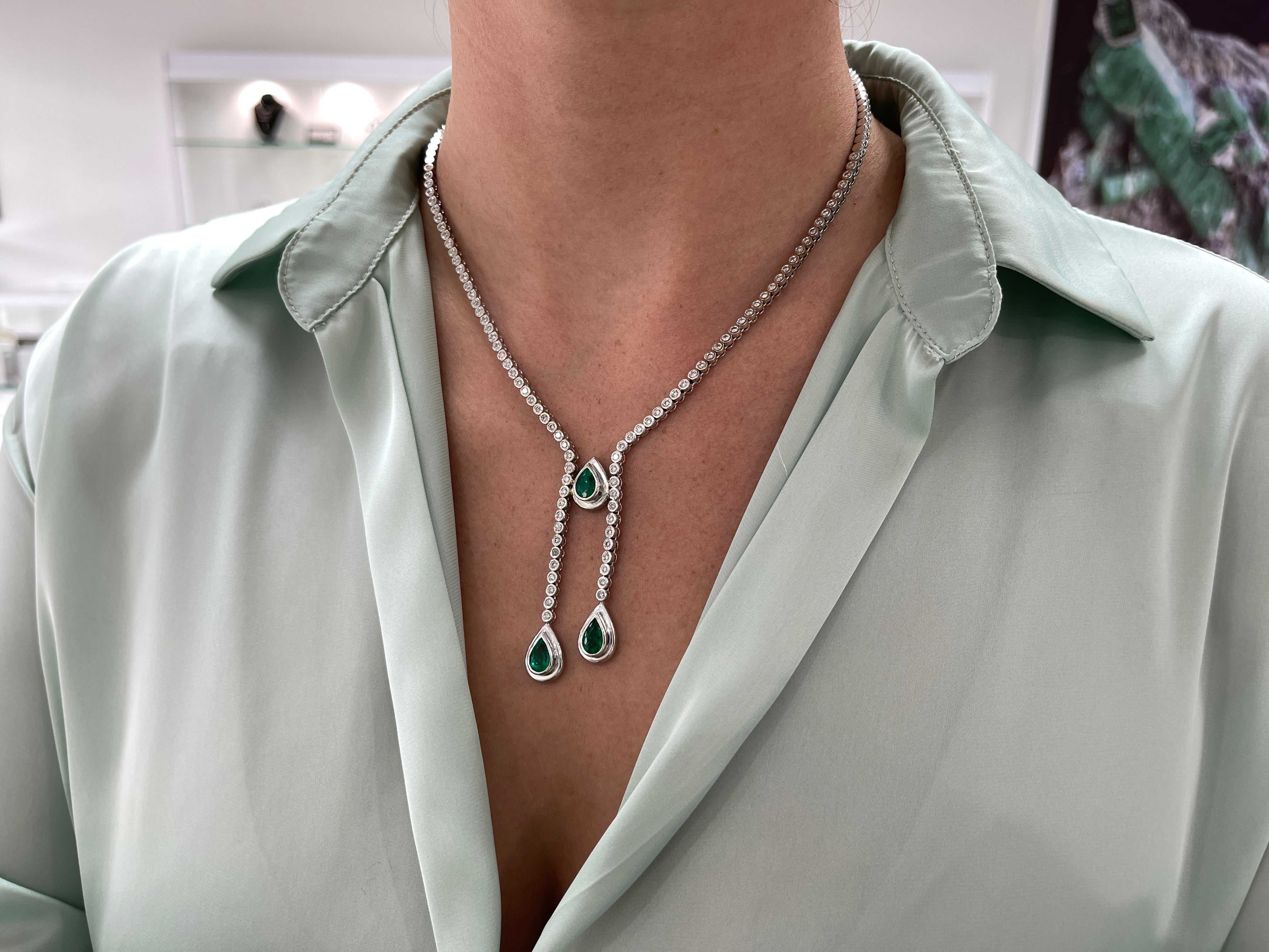 9.24tcw Pear Emerald & Diamond Lariat Statement Necklace in 18K Gold - Elegant Jewelry for Weddings, Parties & Special Occasions