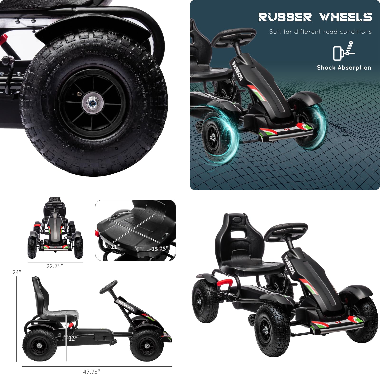 **Adjustable Kids Pedal Go Kart for Boys & Girls Ages 5-12 - 3-Position Seat, 4 Non-Slip Rubber Wheels - Outdoor Ride-On Toy - Perfect for Backyard Fun, Birthday & Children's Day Gifts (Black)**