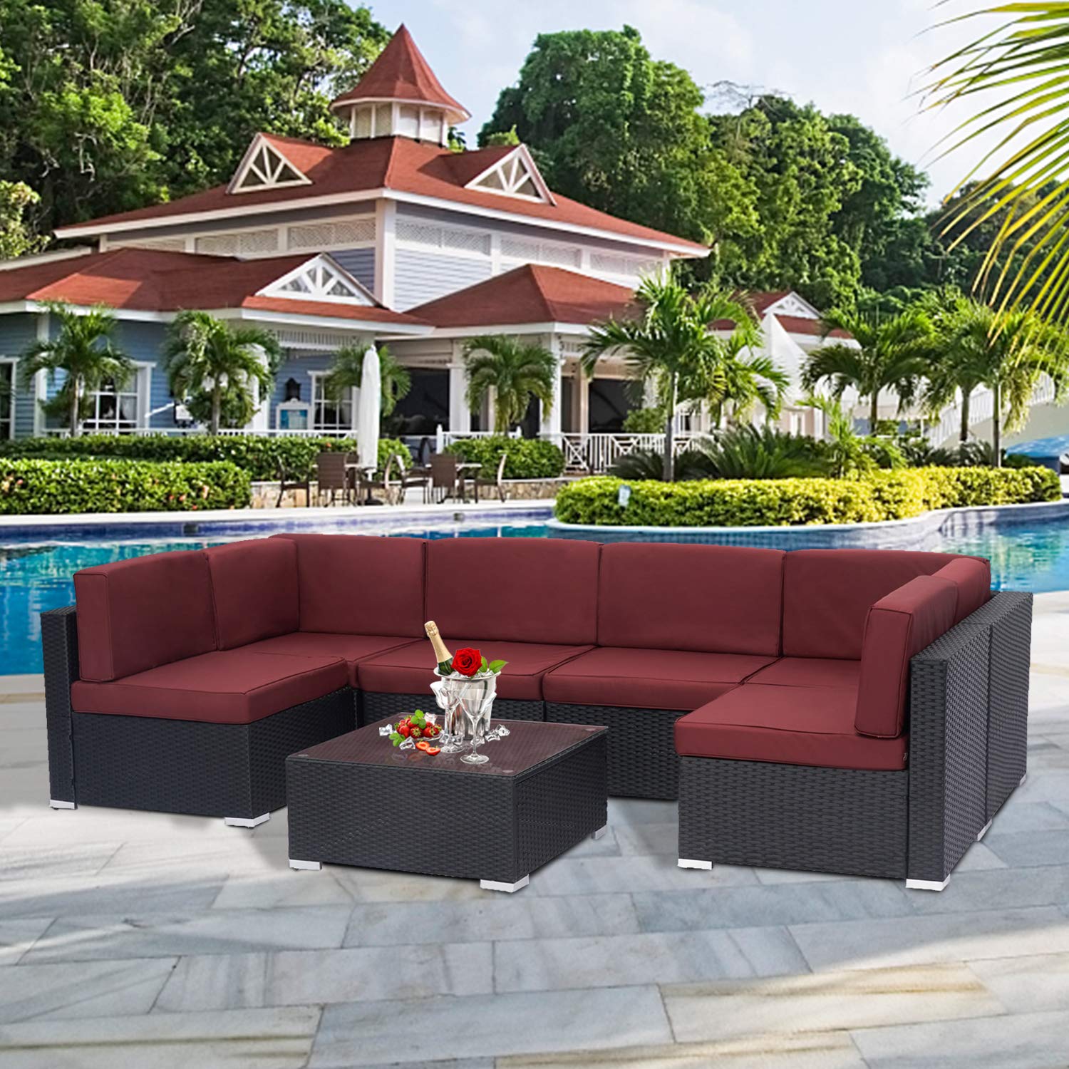 Kinsunny 7-Piece Outdoor Patio Sectional Sofa Set - Black Rattan Wicker Furniture with Thick Cushions, Pillows & Coffee Table - Perfect for Backyard, Garden, Poolside and Deck Relaxation
