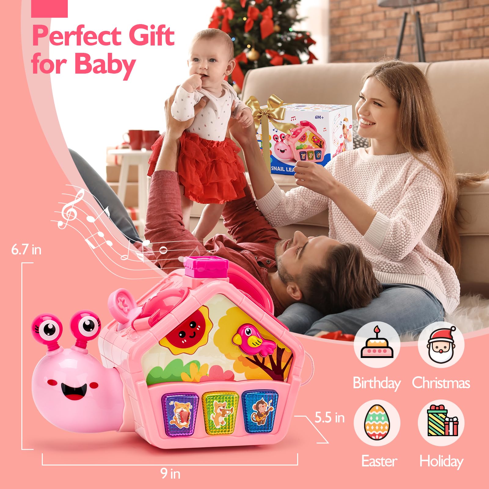 Hahaland Musical Crawling Snail Toy - Educational Baby Toys for 6-18 Months, Interactive Toddler Learning Toy with Lights & Sounds - Perfect 1st Birthday Gift for Girls & Boys - Great for Crawling Practice, Sensory Development & Early Learning Playtime