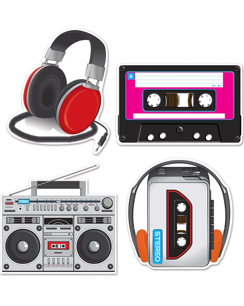 Vintage 80s Retro Cassette Player Cutouts - Pack of 4 Wall Decor for Music Lovers, DJ Room & Retro Party Decoration