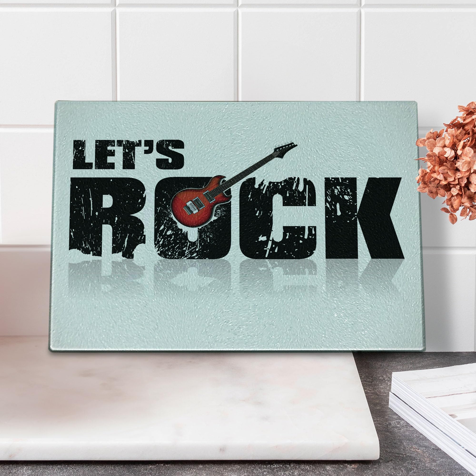 Ambesonne Guitar-Shaped Cutting Board - Grunge Style Music Theme with Color Splashed Letters - Durable Tempered Glass for Serving & Decor - Small Size Ruby Black White - Perfect for Music Lovers' Kitchen & Party Serving