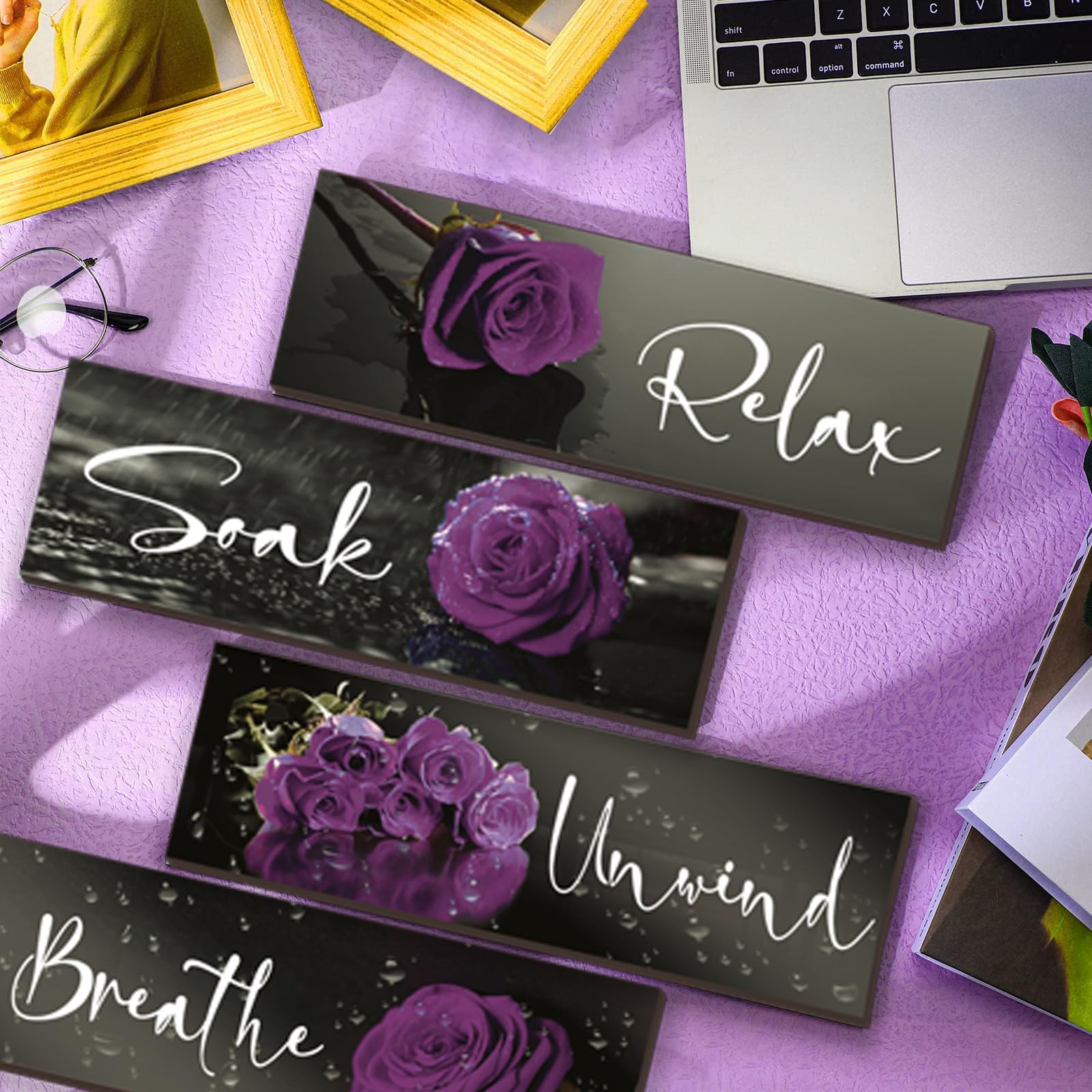 4-Piece Purple Rose Wall Art Set - Wooden Bathroom Decor with Relax Soak Unwind Breathe Signs (12x4 Inch) - Perfect for Girls Bedroom, Women's Living Room & Home Decor - Create a Spa-Like Ambiance for Relaxation & Self-Care Moments
