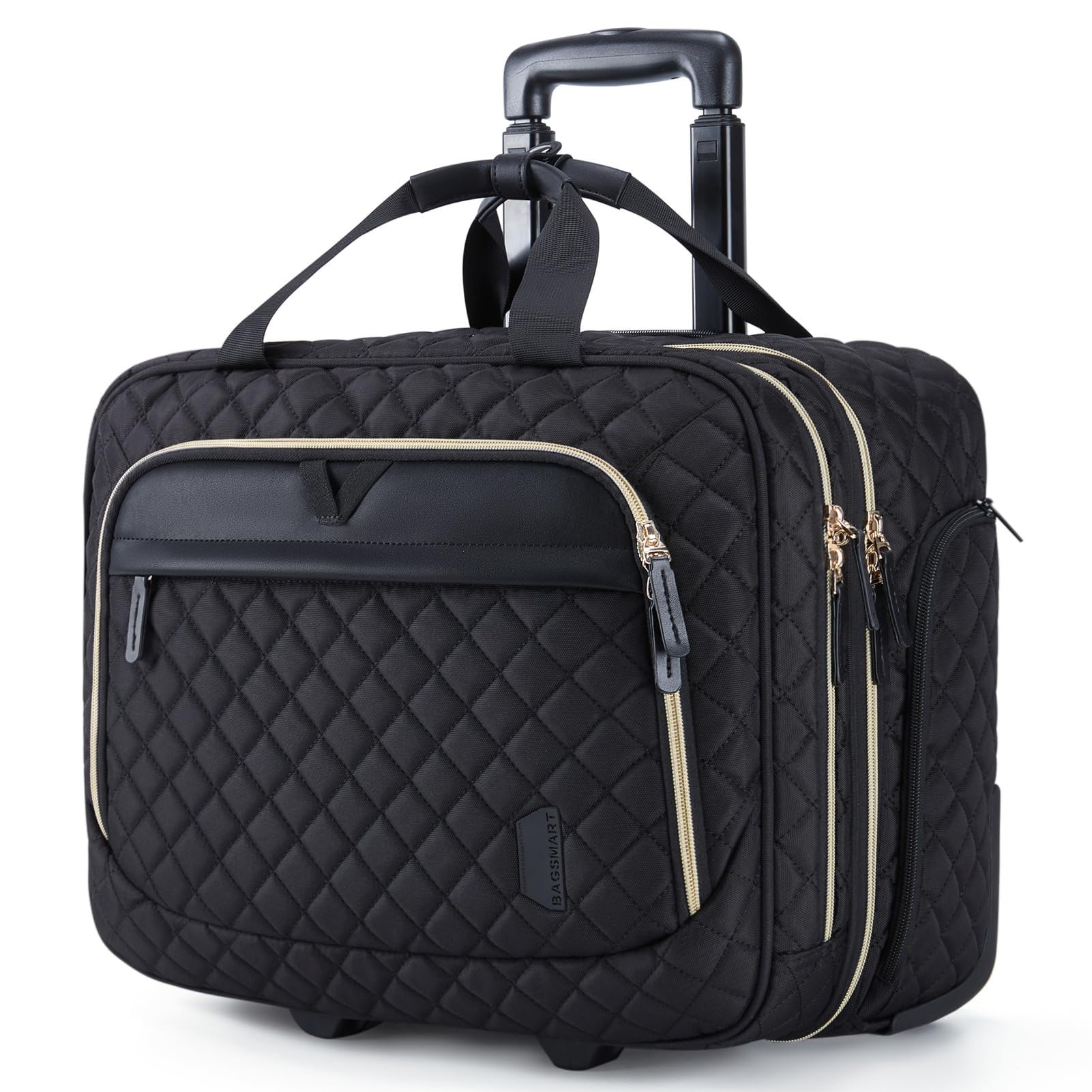 BAGSMART 17.3 Inch Rolling Laptop Briefcase with Wheels - Water-Resistant Quilted Black Computer Bag for Women & Men - Perfect for Business Travel, Work Commute & Airplane Carry-On