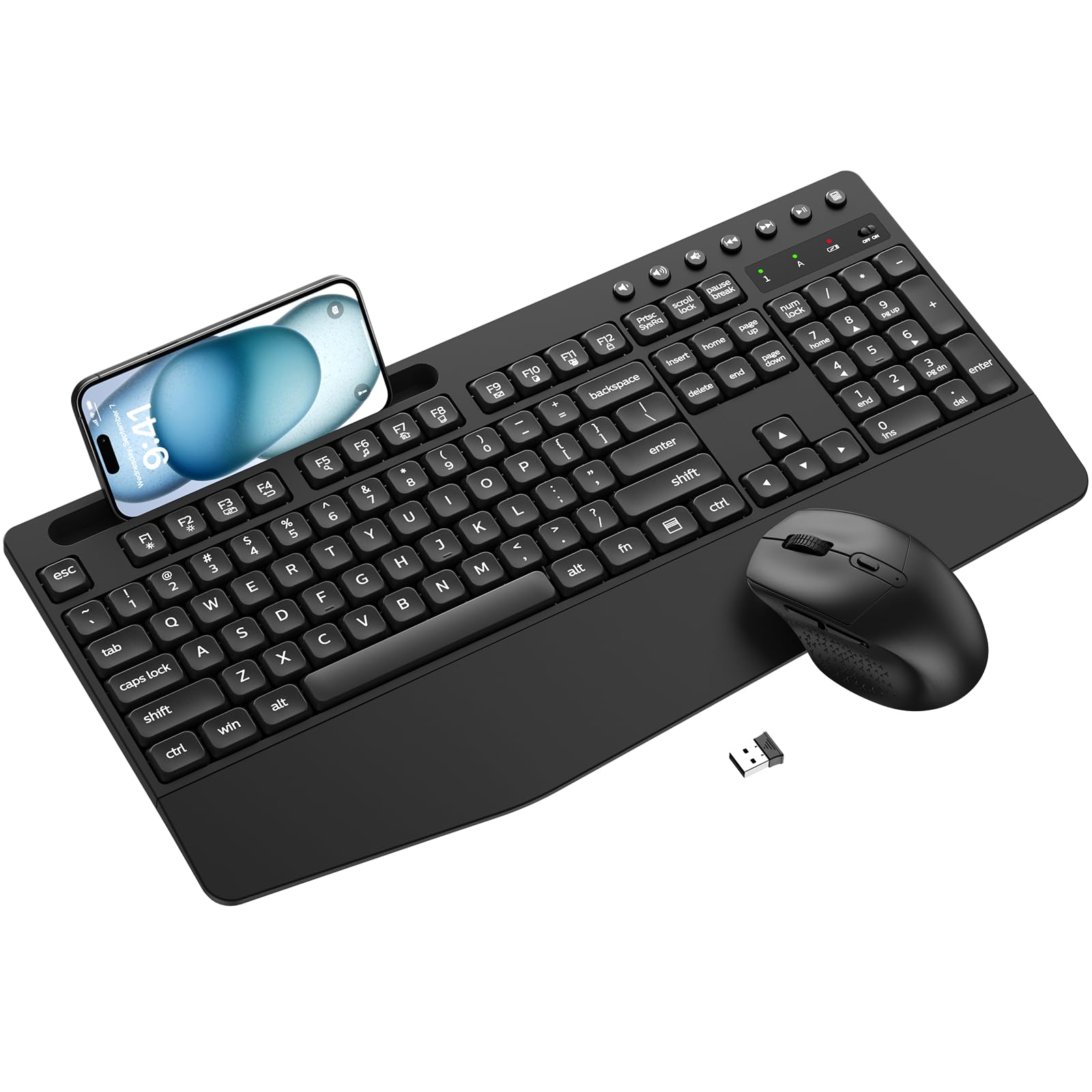 Ergonomic Wireless Keyboard and Mouse Combo with Palm Rest & Phone Holder - Full-Size Quiet Design for Comfortable Typing - Compatible with Windows, Mac, PC, Laptop (Black) - Perfect for Office, Home & Gaming Use