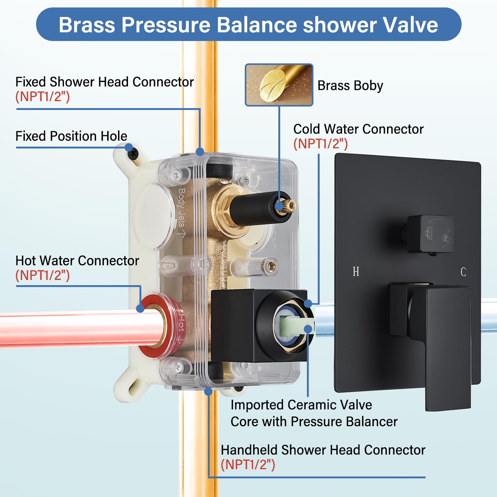 12 Inch Ceiling Mount Shower System with LED Rainfall Shower Head, Rough-in Valve, Body & Trim - Matte Black Finish for Modern Bathroom Renovations | Perfect for Spa-Like Showers and Luxury Home Upgrades