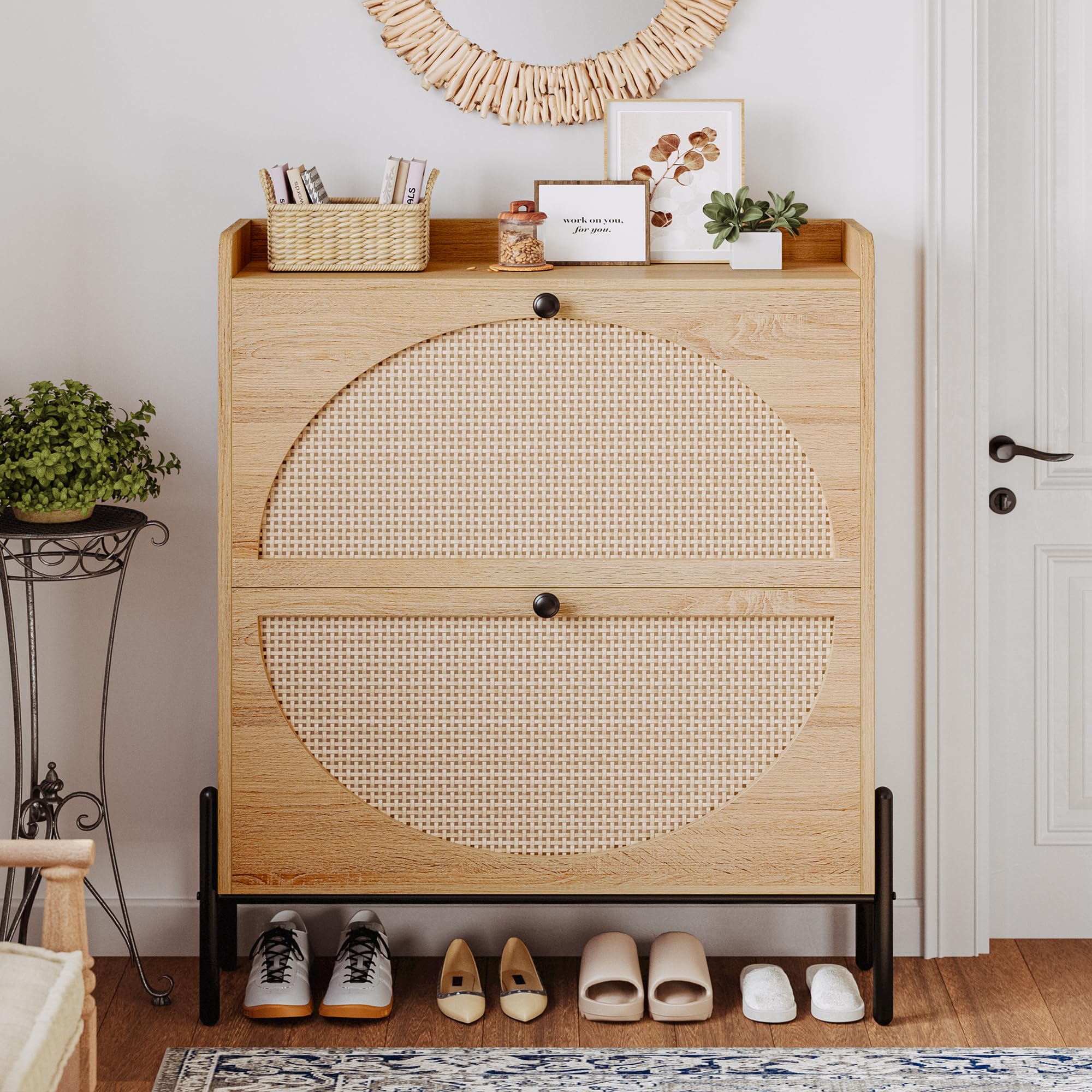 IRONCK 2-Tier Flip Drawer Shoe Cabinet - Free Standing Wooden Shoe Storage Organizer with Rattan Doors - Narrow Entryway Shoe Rack for Hallway, Bedroom, or Closet - Oak Finish (Space Saving Shoe Organizer)