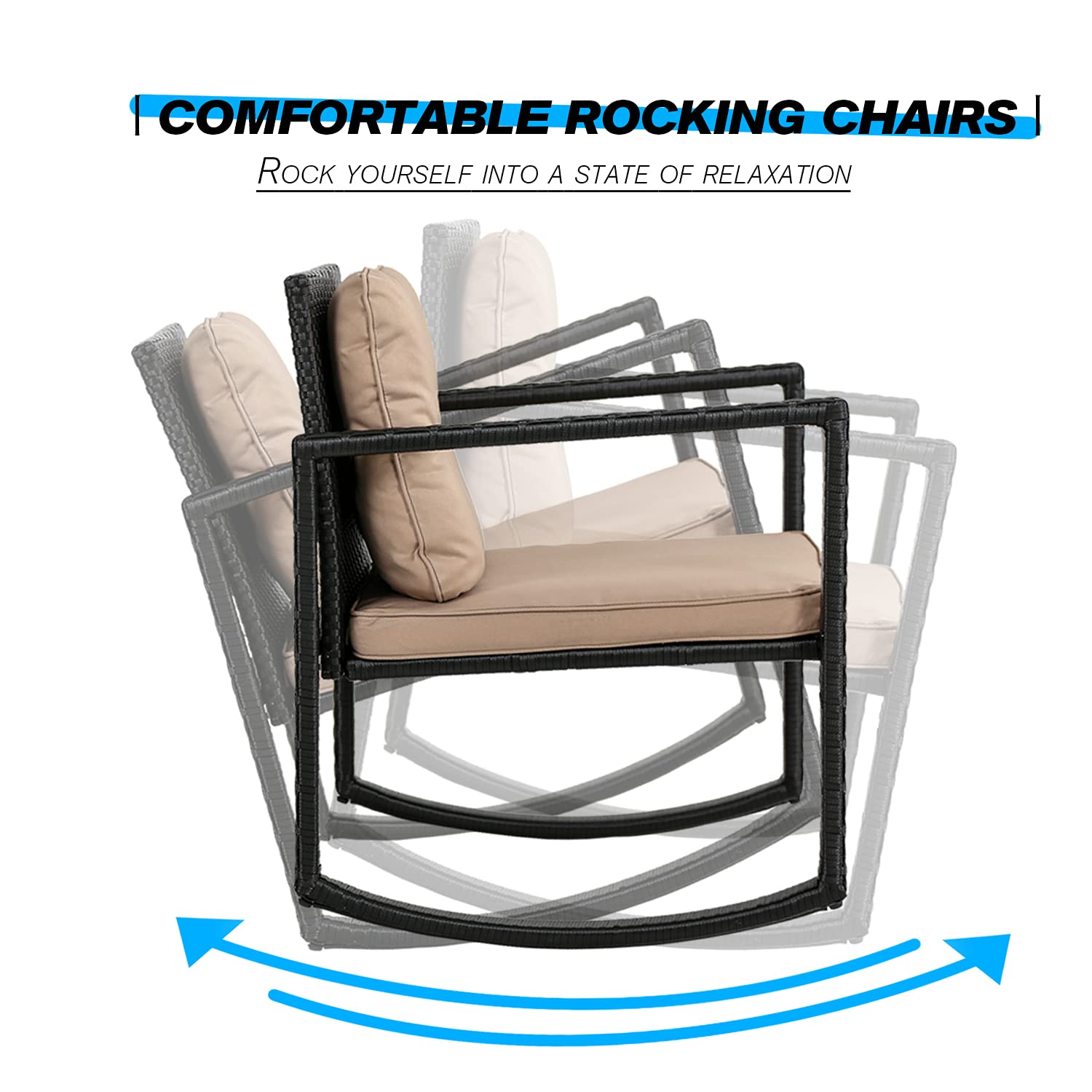 3-Piece Outdoor Rocking Chair Set with Bistro Table - Patio Furniture for Backyard, Porch, Poolside & Lawn - Black Balcony Chairs & Coffee Table - Perfect for Relaxing, Entertaining & Outdoor Dining