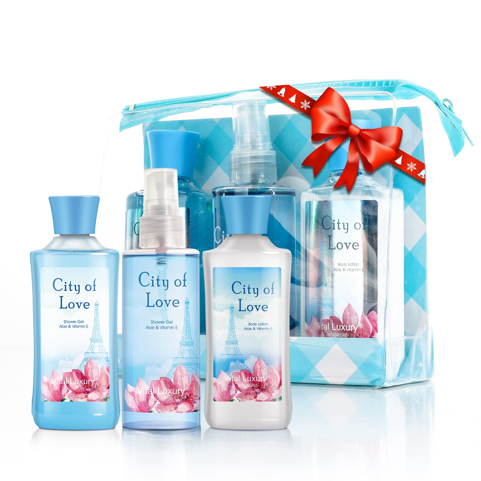 Bath & Body Care Travel Set - Home Spa Kit with Body Lotion, Shower Gel & Fragrance Mist | Personal Body Care Essentials for Travel (City of Love Scent) - Perfect for Vacations, Gifts & Self-Care Moments