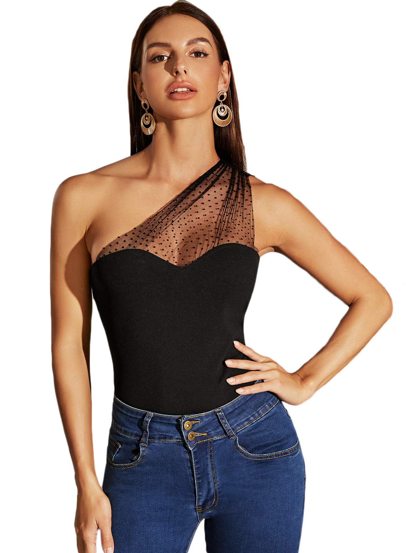 WDIRARA Women's One Shoulder Mesh Polka Dot Sleeveless Slim Fit Elegant Blouse - Perfect for Date Night, Cocktail Parties & Summer Outfits
