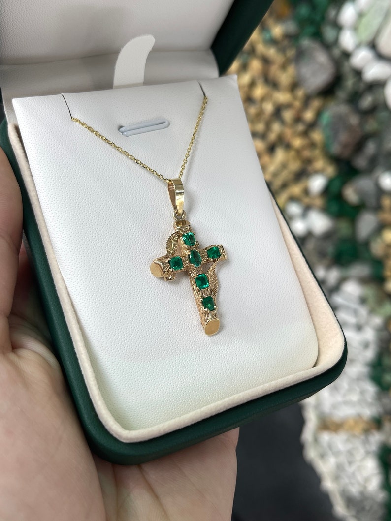 1.75tcw 14K Gold Real Emerald Cross Pendant Necklace - Medium Dark Vivid Green Gemstone Jewelry for Men & Women | Perfect for Gifts, Weddings & Everyday Elegance