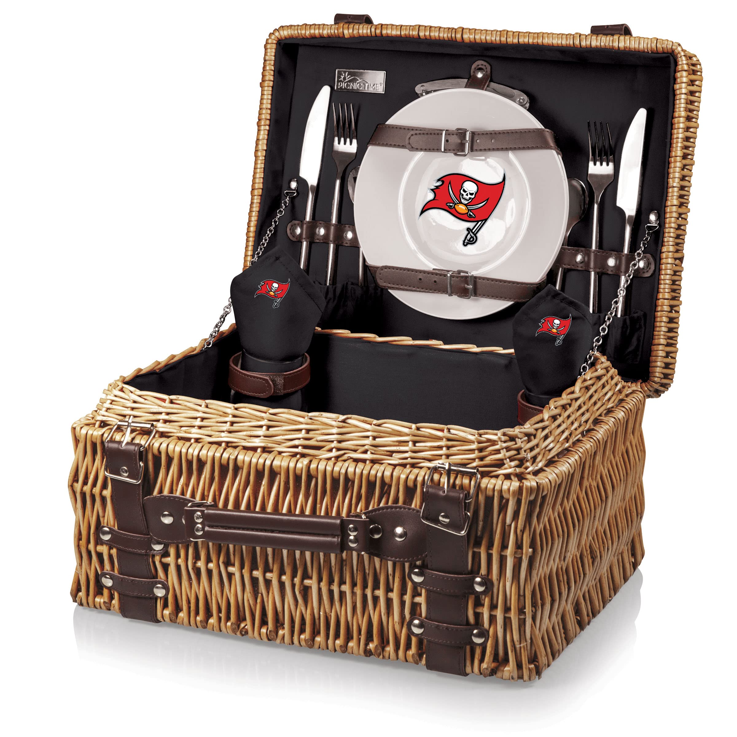 **PICNIC TIME NFL Champion Picnic Basket for 2 – Wicker Picnic Basket Set with Plates, Utensils & Blanket – Perfect for Outdoor Picnics, Tailgating & Game Day Gatherings (Black with Brown Accents)**