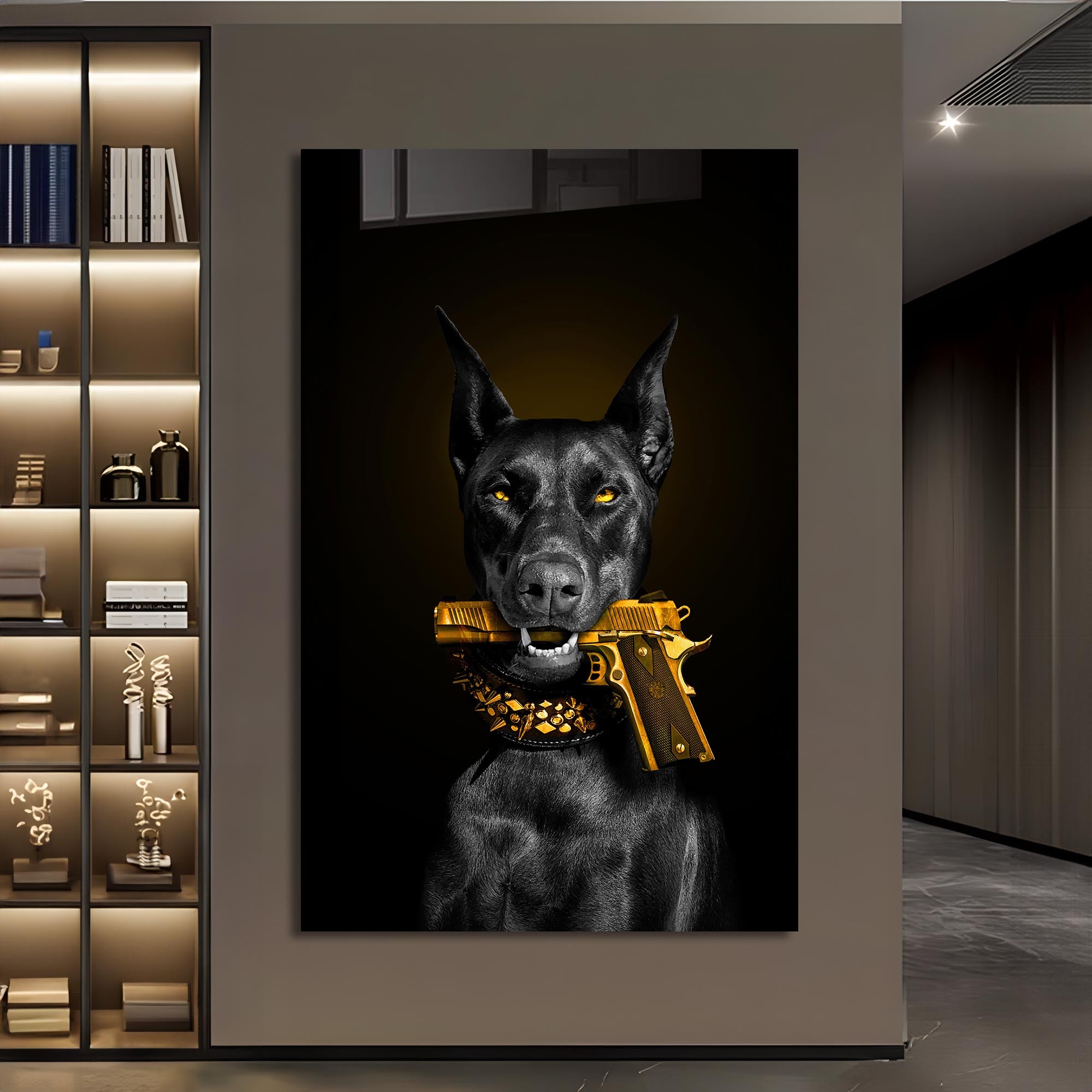 Doberman Gold Tempered Glass Wall Art - Elegant Home Decor for Living Room, Bedroom & Office - Shatterproof & Stylish