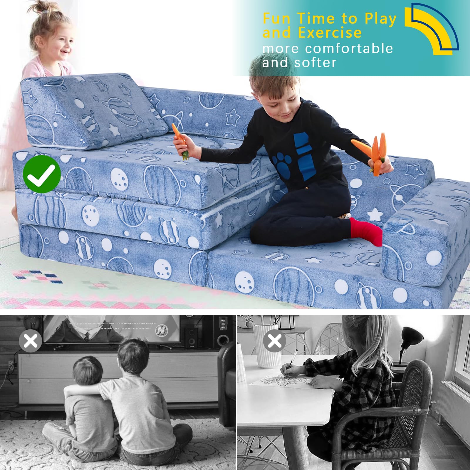 MeMoreCool Kids Couch - 10-Piece Modular Play Sofa for Boys & Girls | Foldable Playroom Furniture | Glow-in-the-Dark Space Theme | Perfect for Playrooms, Bedrooms & Daycare Centers