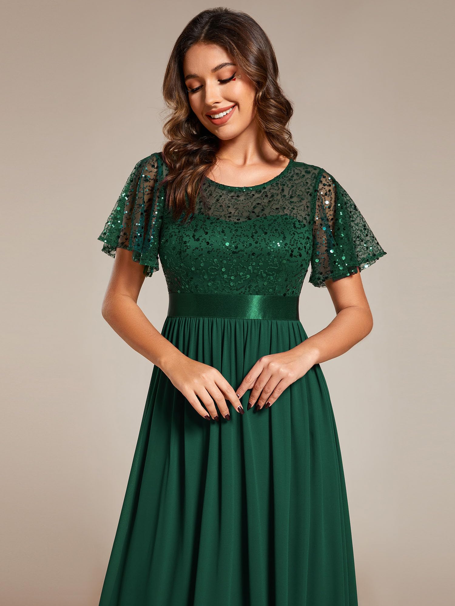Ever-Pretty Women's A-Line Sequin Evening Gown with Crew Neck & Short Sleeves - Floor Length Semi-Formal Party Dress 02126 | Perfect for Prom, Wedding Guest, Cocktail Party & Special Occasions