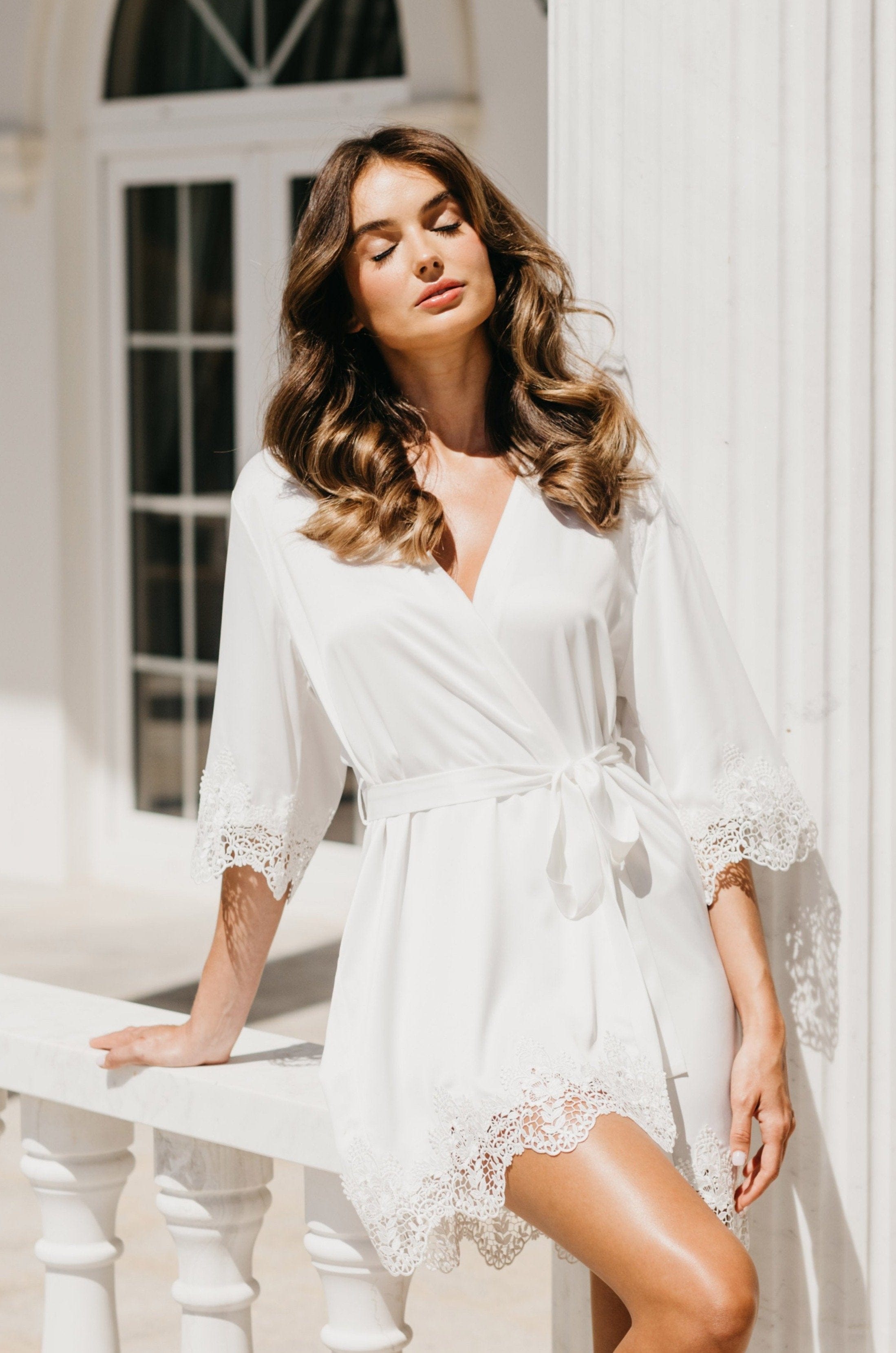 Elegant Chiara Lace Trim Robe - Women's Floral Lace Kimono Bathrobe for Spa, Bridal Shower & Hotel Luxury