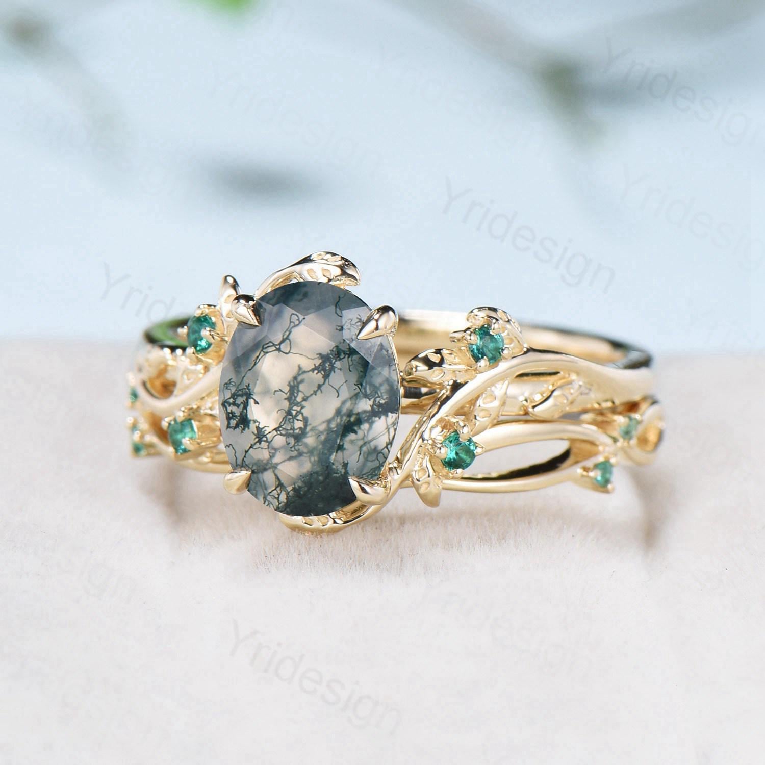 2CT Oval Moss Agate Ring Set in 14K Yellow Gold - Nature Inspired Green Agate Engagement Ring, Cluster Emerald Anniversary Ring for Women - Perfect for Weddings, Proposals & Special Occasions