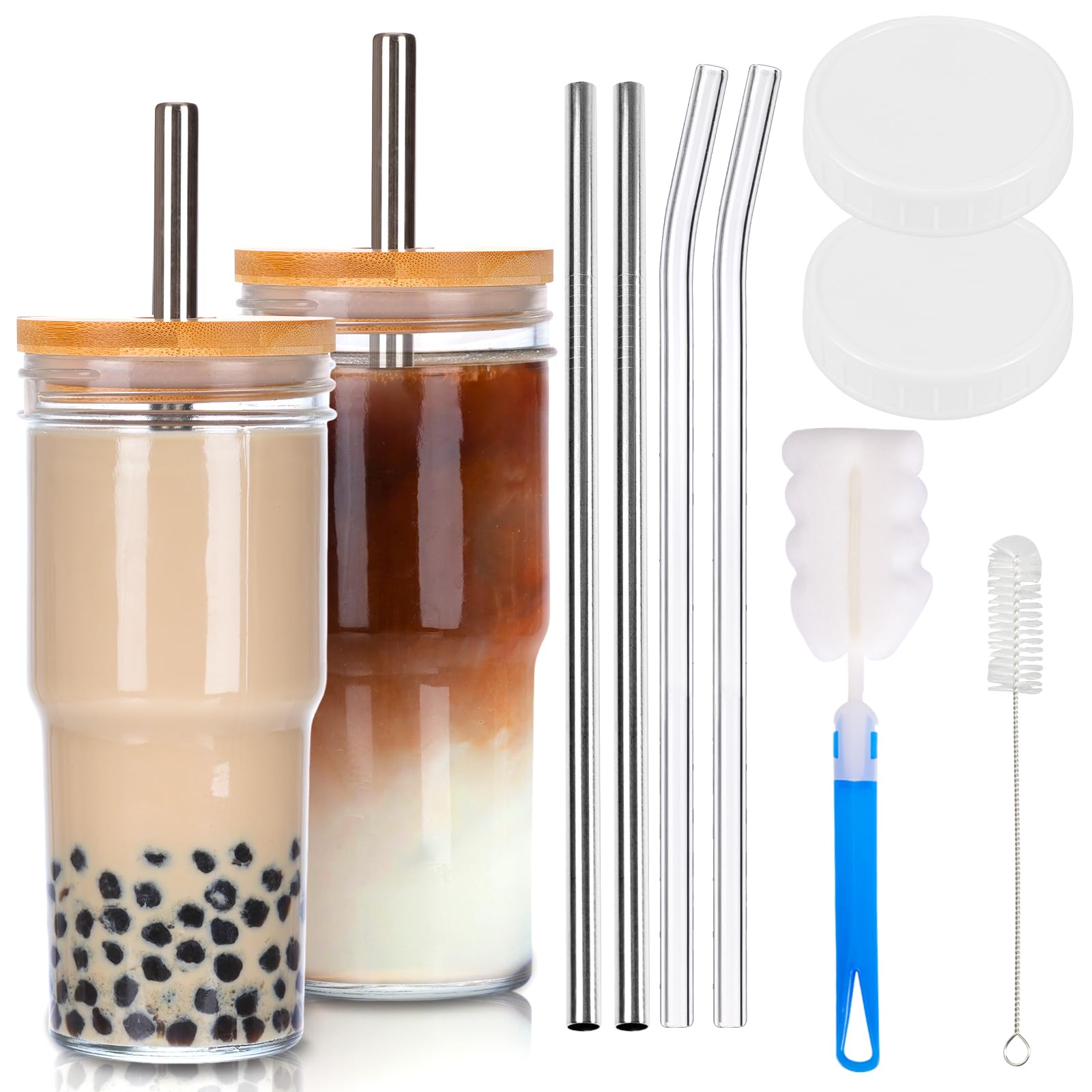 Moretoes 2-Pack 24oz Glass Tumbler Cups with Lids & Straws - Reusable Iced Coffee Travel Mug, Boba Tea Cup for Smoothies, Cold Brew, Juice & Soda - Perfect for Home, Office & Outdoor Activities