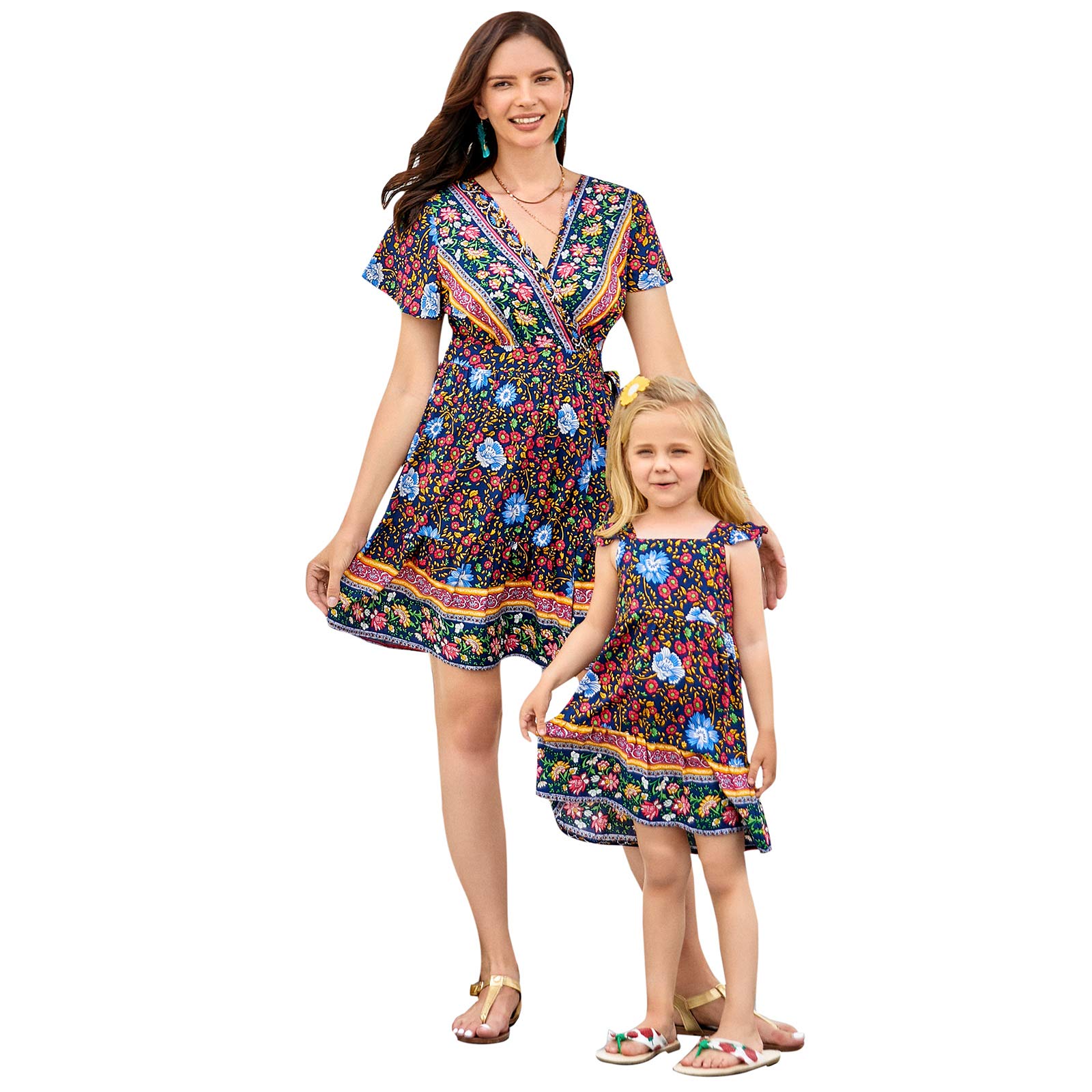 **PopReal Mommy and Me Dresses – Boho Casual Maxi & Short Summer Dresses with V-Neck Wrap & Floral Print – Perfect for Family Outings, Beach Trips, and Casual Wear**