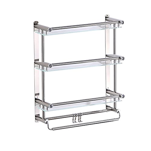 SHIJIANX Wall Mounted Bathroom Glass Shelf with 4 Hooks - Double Towel Holder & Shower Storage Organizer (60cm, Style3) - Perfect for Bathroom, Kitchen & Laundry Room Organization