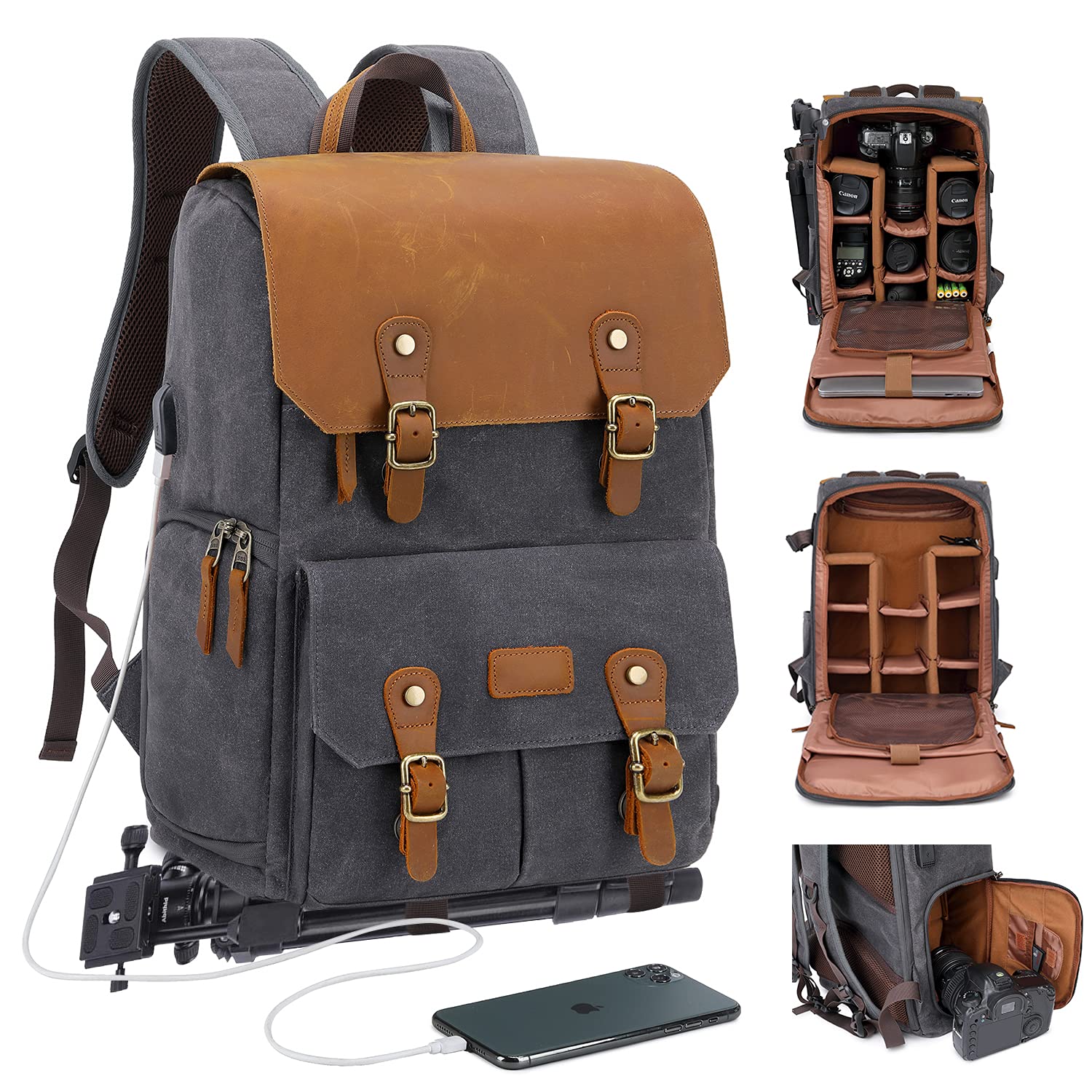 JAEP Vintage Leather Style DSLR SLR Camera Backpack - Waterproof 16oz Waxed Canvas Photography Bag with 15.6