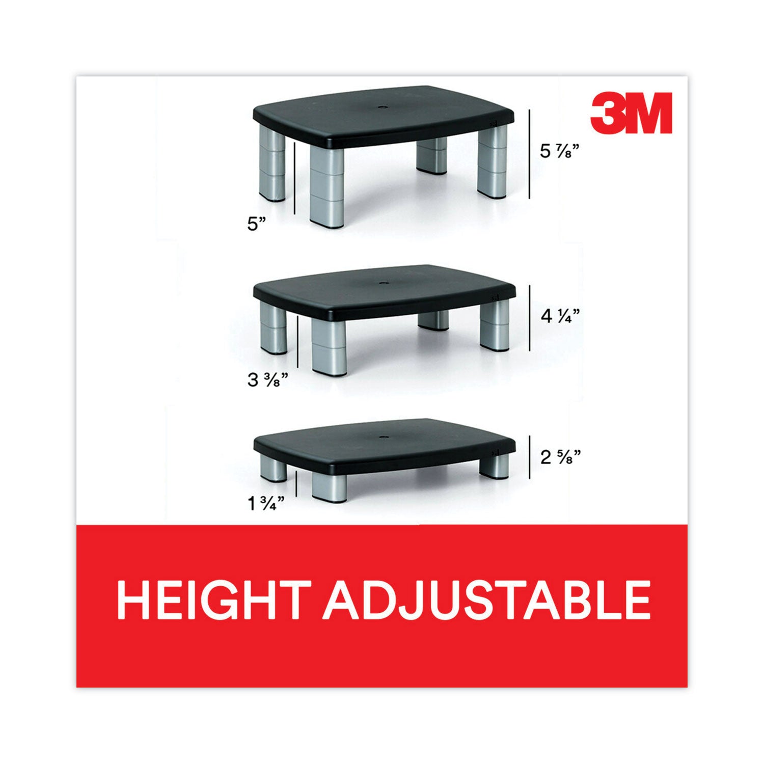 3M™ Adjustable Height Monitor Stand - Ergonomic Black/Silver Desktop Riser (15