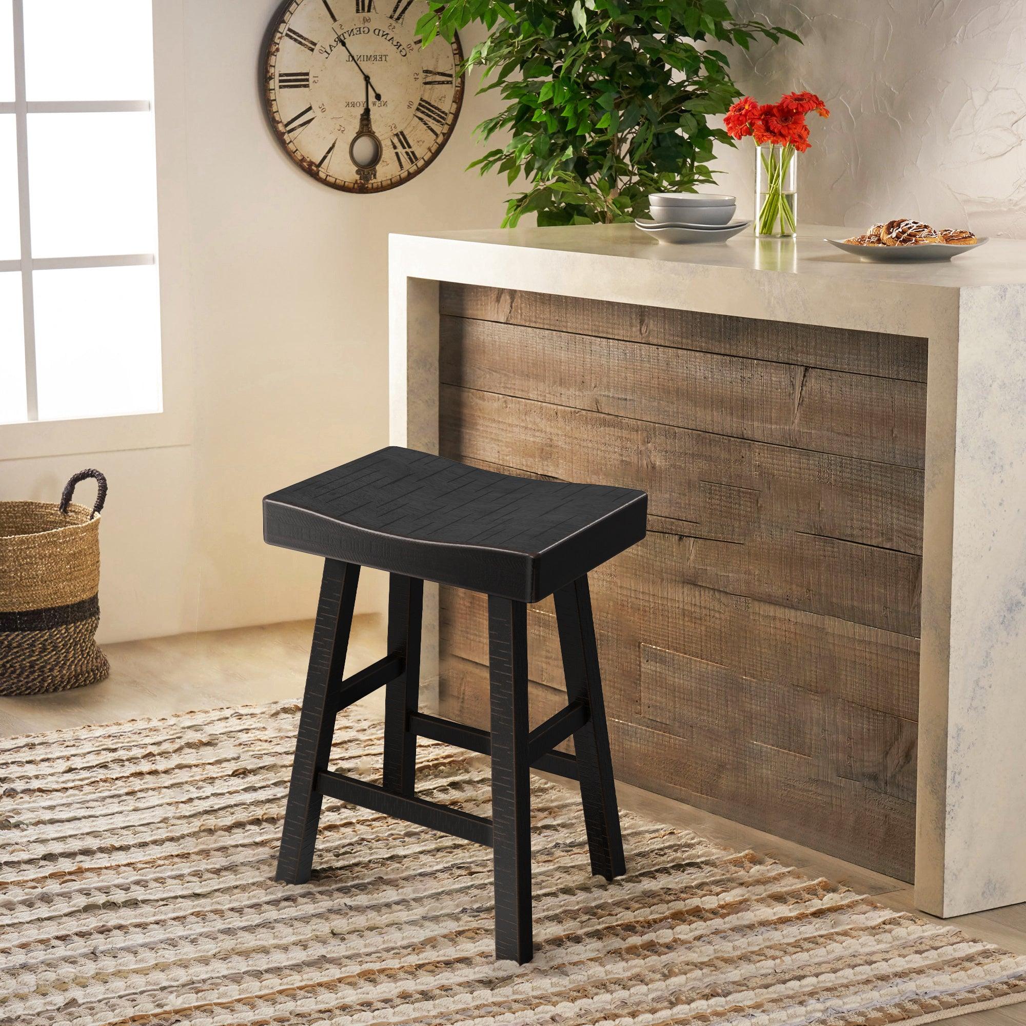Set of 2 Farmhouse Solid Wood Bar Stools - Backless Saddle Seat Counter Height Chairs for Kitchen Island, Breakfast Nook & Home Office - Perfect for Rustic Decor, Dining & Small Space Living