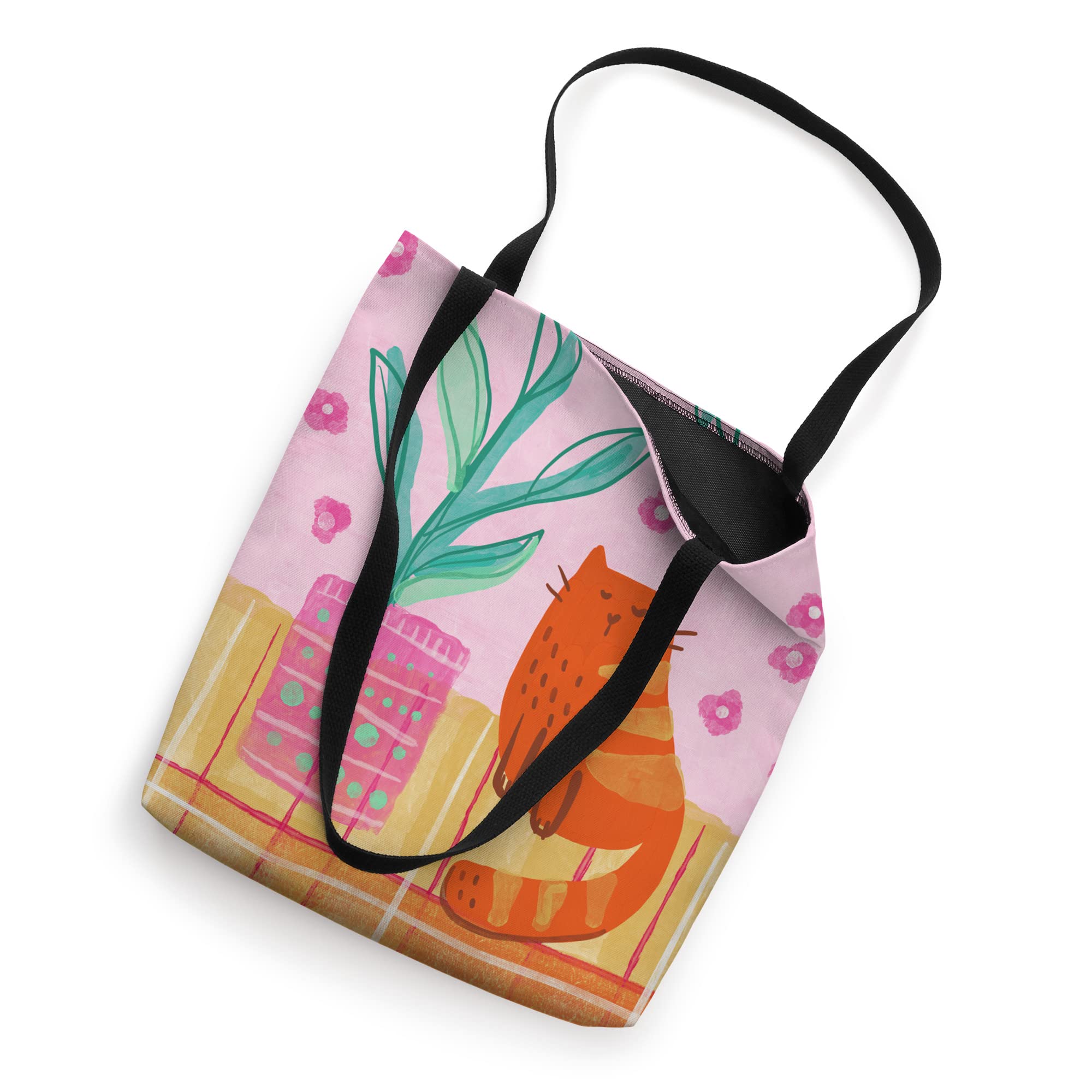 Stylish Orange Tabby Cat & Green Plant Illustration Tote Bag - Cute & Fun Eco-Friendly Shopping Bag for Groceries, Beach, Work & Travel