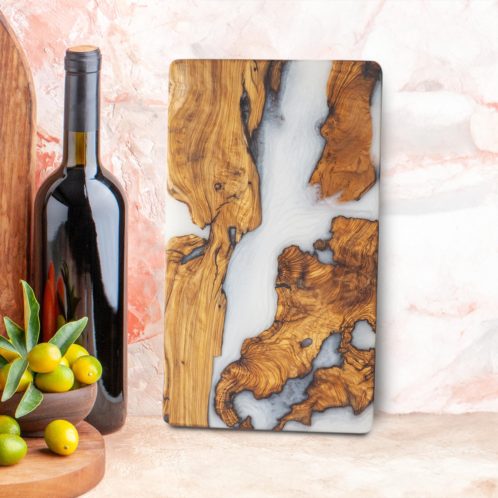 Handmade Olive Wood Charcuterie Board with White Resin - Decorative Cheese, Fruit & Meat Serving Tray - Perfect for Kitchen, Entertaining & Unique Housewarming Gifts - Great for Dinner Parties, Wine Tasting & Charcuterie Platters