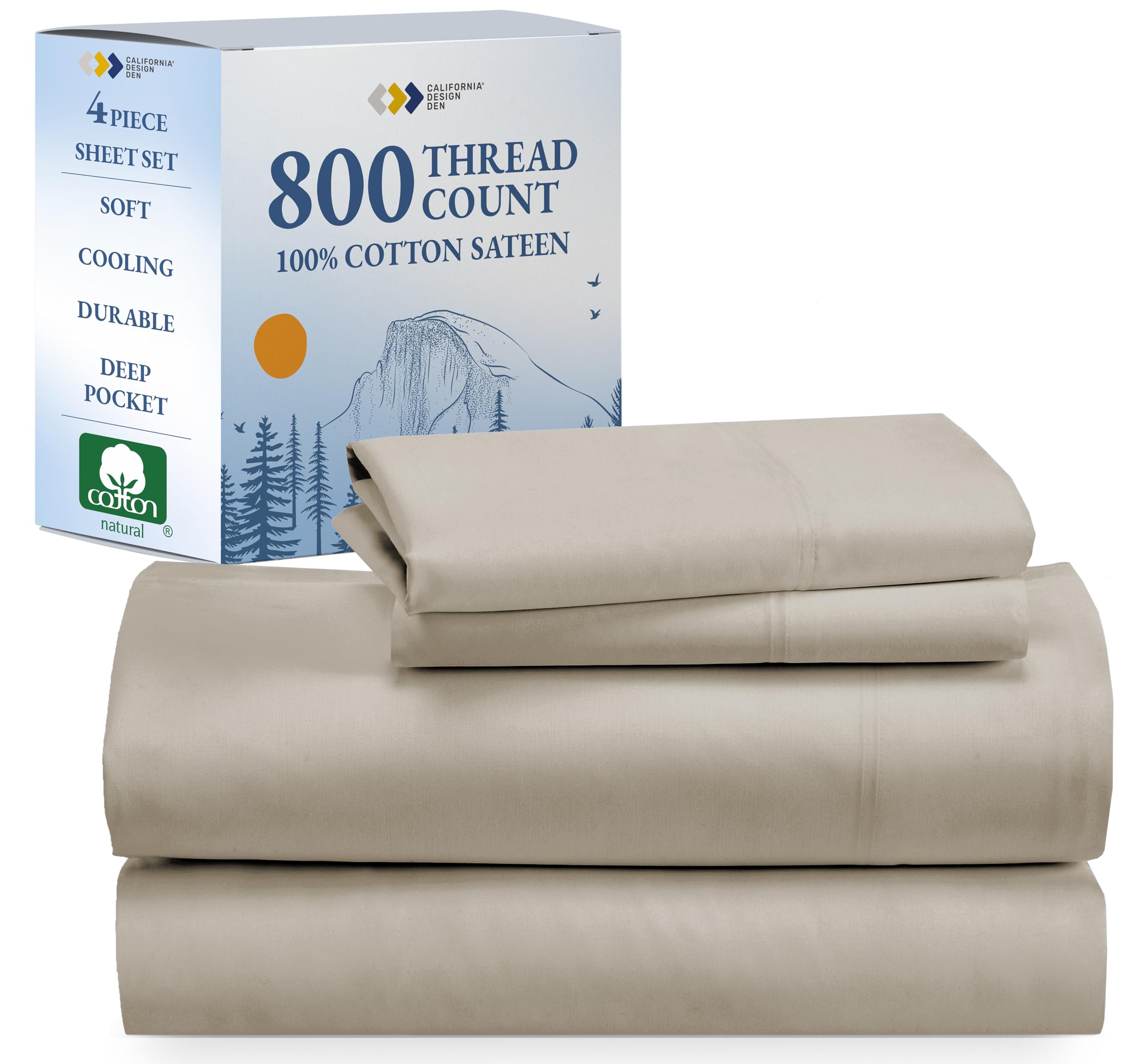 California Design Den Deep Pocket King Sheet Set - Luxury 800 Thread Count 100% Cotton Sateen Bedding - Cooling & Ultra Soft King Size Sheets for Hot Sleepers (Beige) - Perfect for Master Bedrooms & Guest Suites