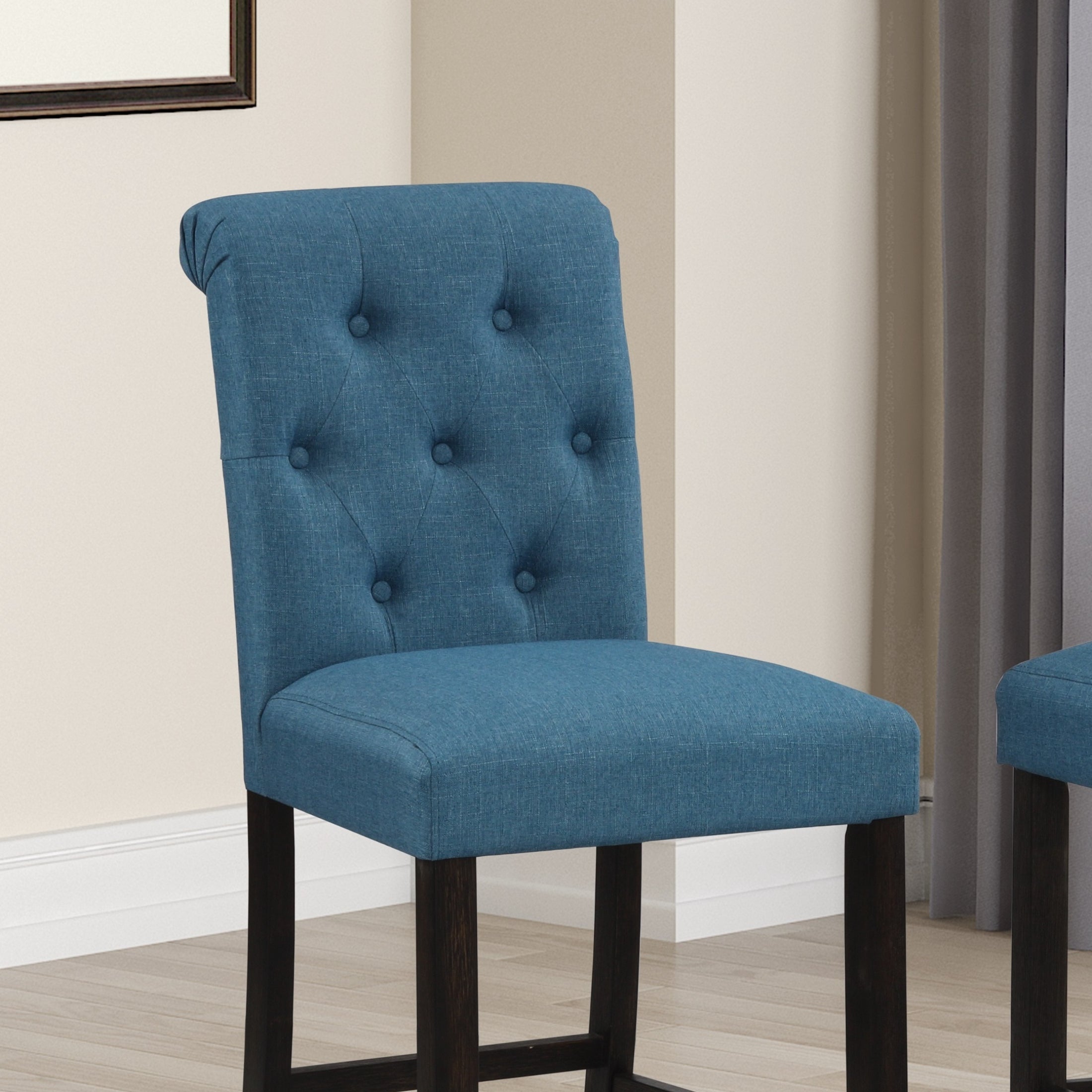 Roundhill Furniture Leviton Solid Wood Tufted Barstools - Set of 2, Navy Blue - Rustic Kitchen Island Stools for Breakfast Nook, Bar Counter or Dining Room Decor