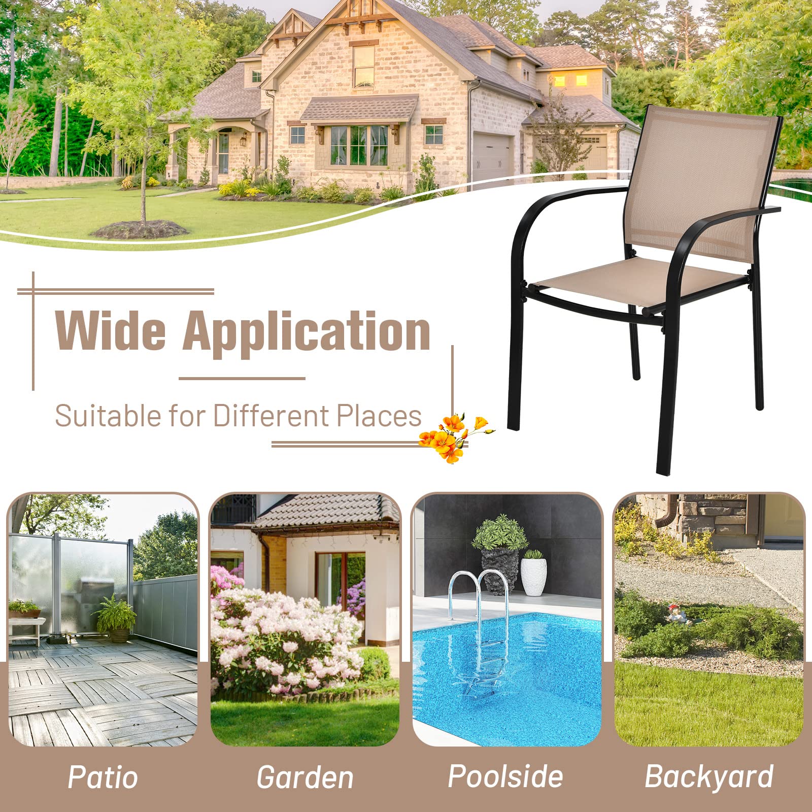 Tangkula Set of 4 Stackable Patio Dining Chairs with Armrests - Rust-Resistant Steel Frame & Quick-Drying Fabric - Outdoor Bistro Chairs for Backyard, Garden, Lawn, Poolside & Restaurant Use