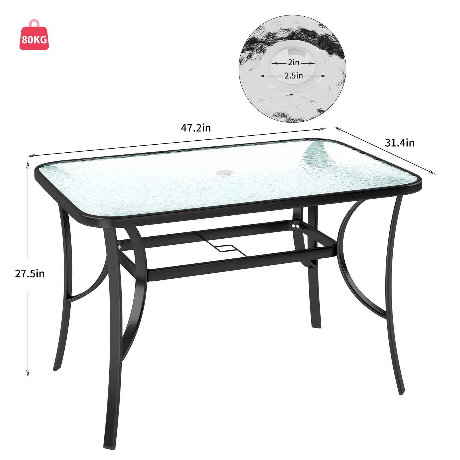SogesPower 47 Inch Outdoor Tempered Glass Patio Dining Table with Umbrella Hole - Weatherproof Steel Frame, Black - Perfect for Backyard, Garden, Poolside & Outdoor Entertaining