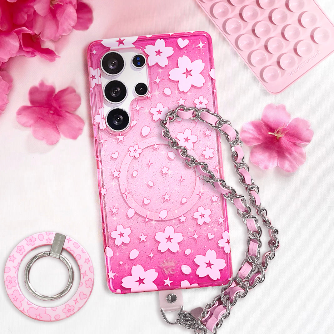 Sparkling Cherry Blossom Glitter Phone Case for Samsung Galaxy - Perfect for Spring Outfits & Festival Accessories